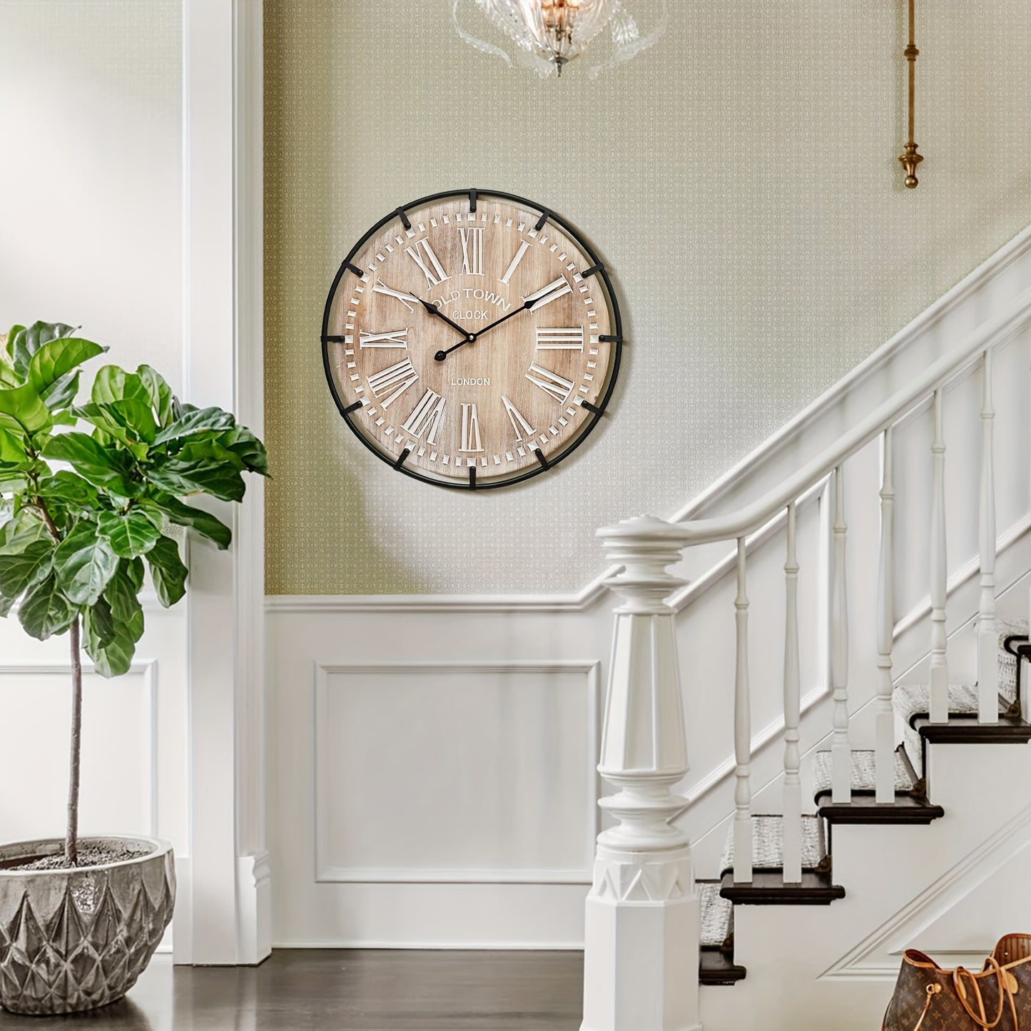 Silent Metal Frame Wall Clock with Engraved Wooden Numbers