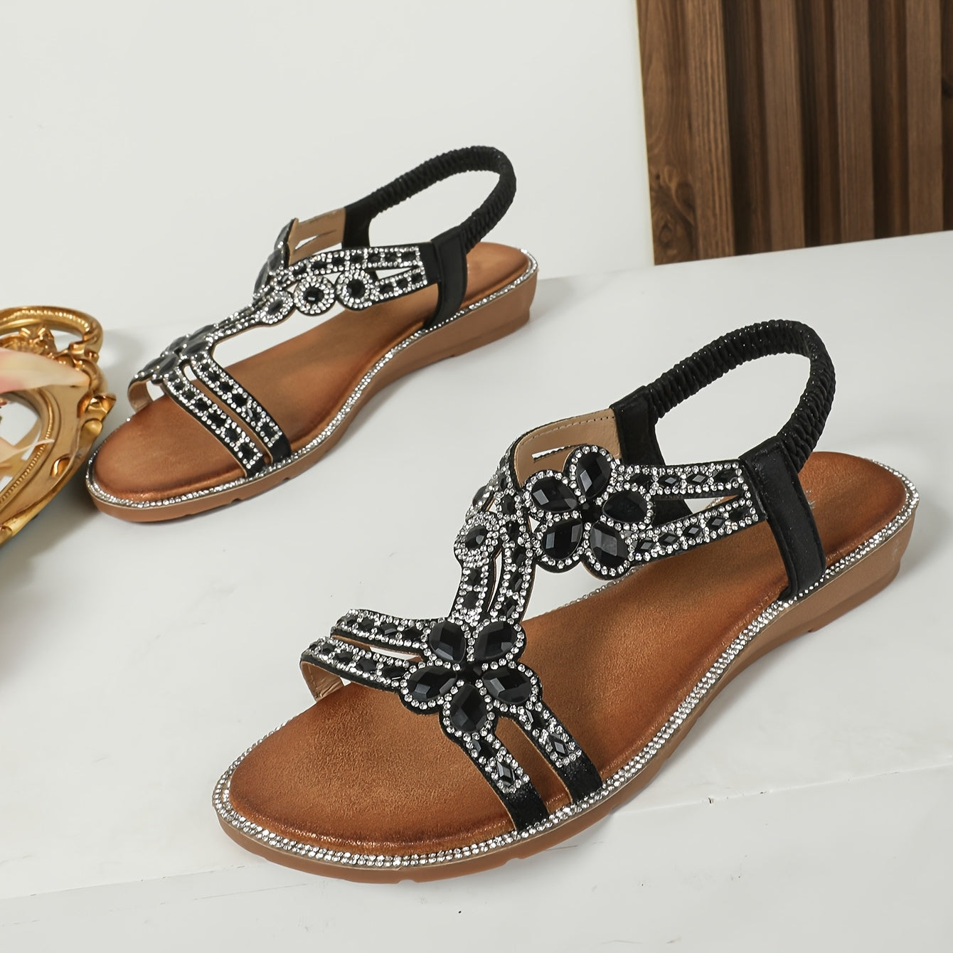 Women's Bohemian Rhinestone Open-Toe Chunky Wedge Sandals