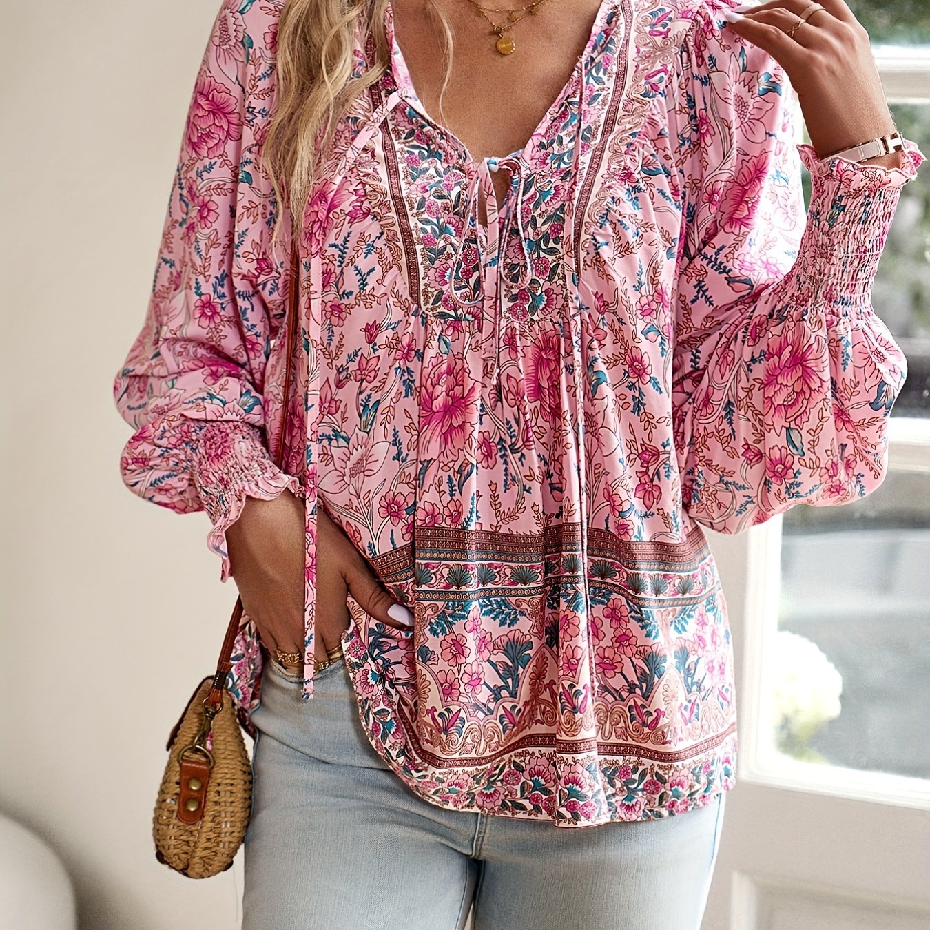 Floral Print V Neck Blouse With Drawstring Long Sleeves