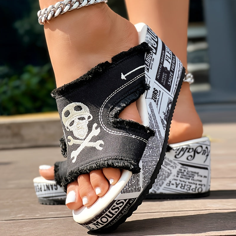 Newspaper Buckle Denim Wedge Slippers for Stylish Comfort