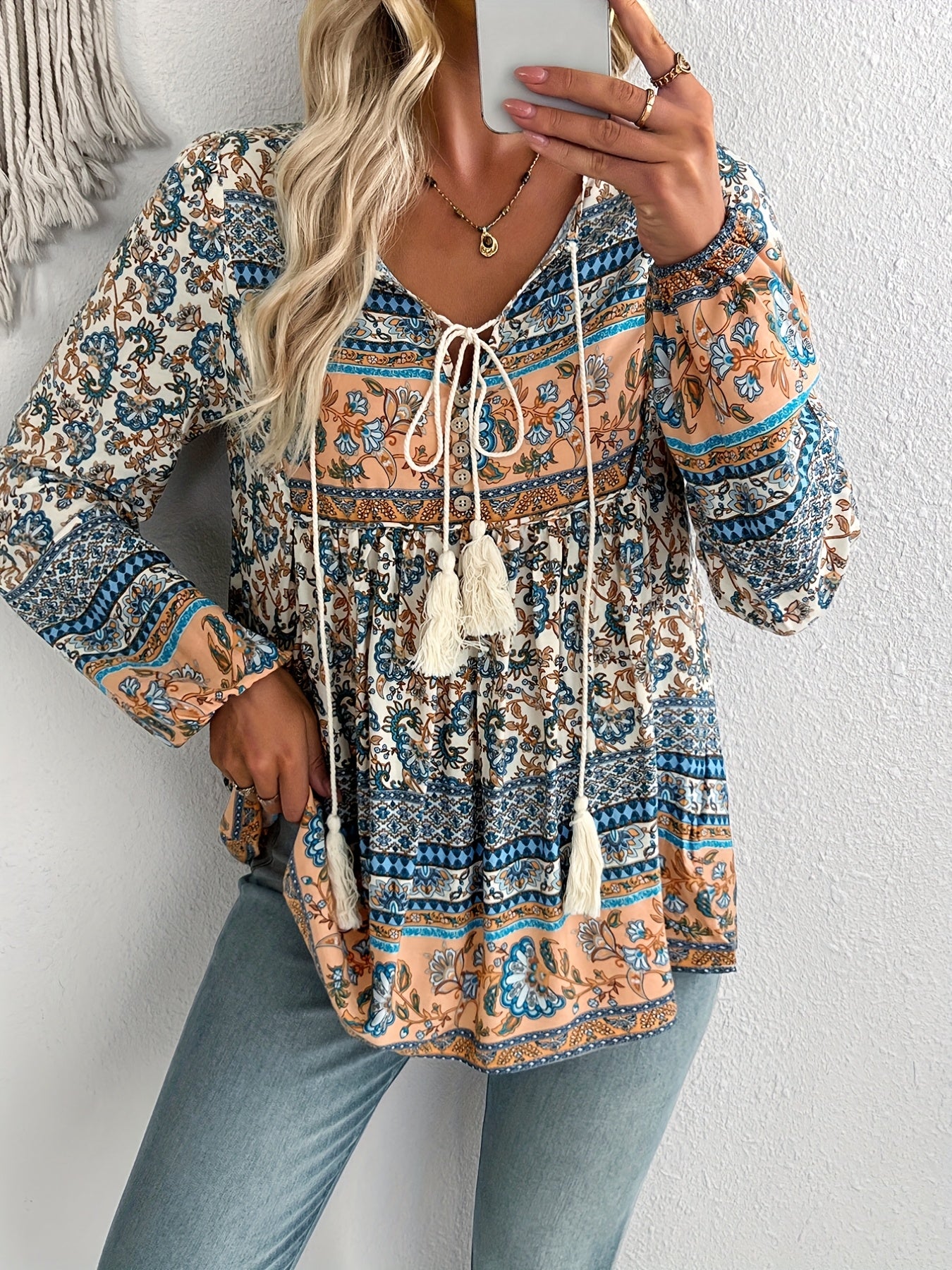Bohemian Print Lace-Up Tassel Shirt for Women