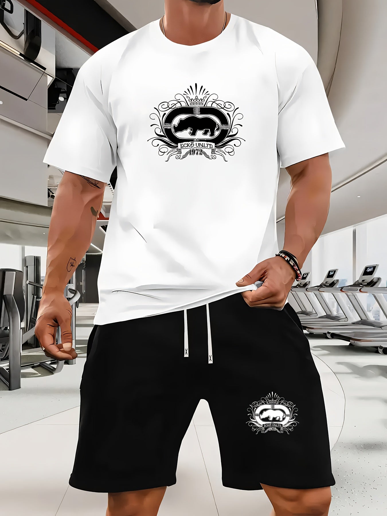 Men's Casual Rhino Badge Print T-Shirt and Shorts Set