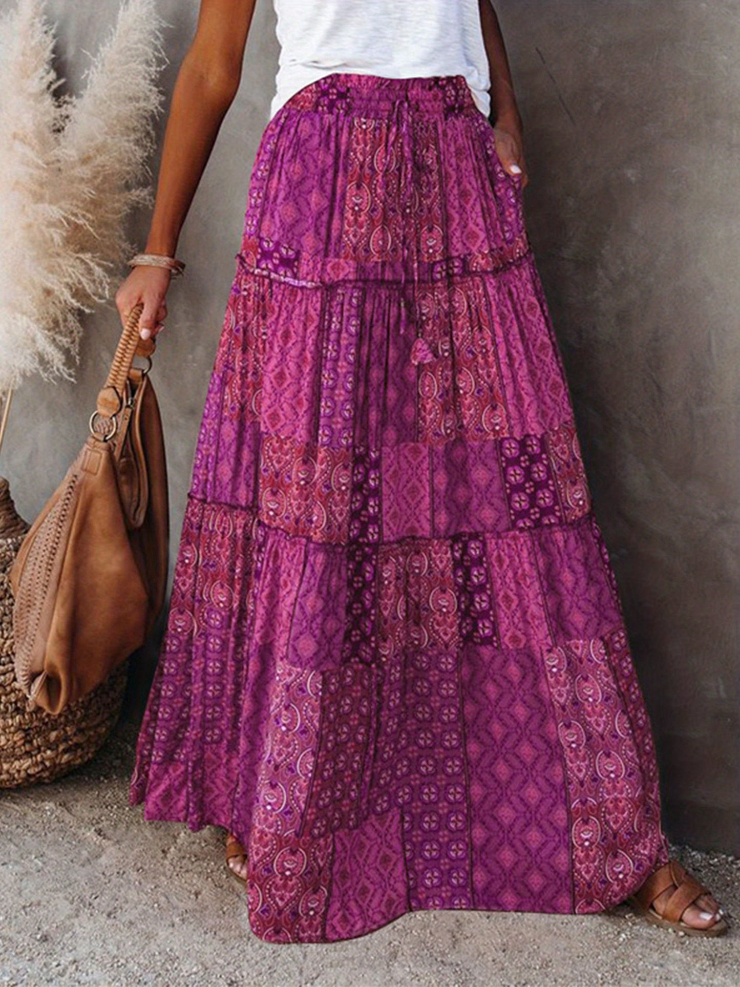 Women's Bohemian Maxi Skirt with Pockets and Vibrant Pattern
