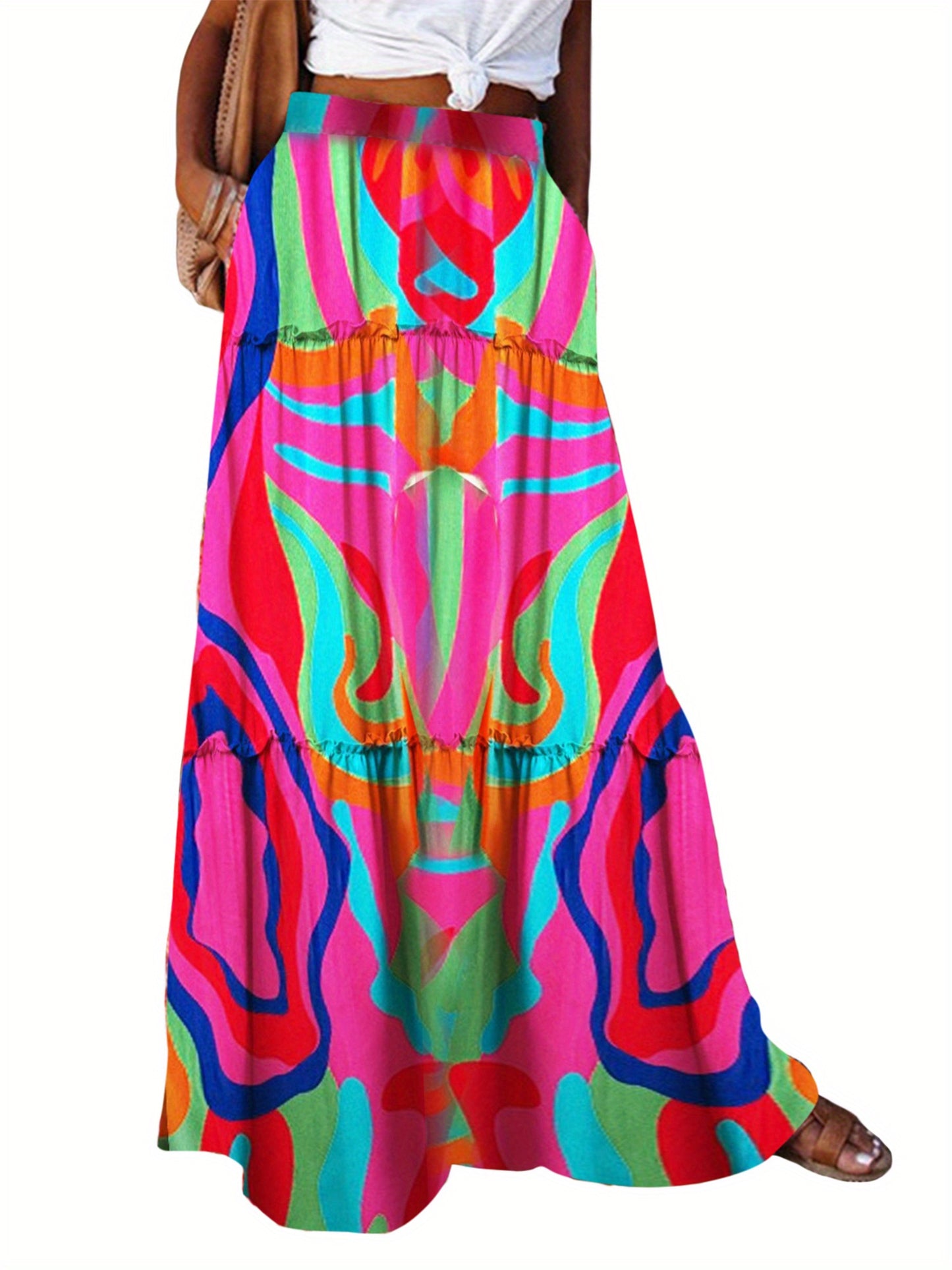 Women's Bohemian Maxi Skirt with Pockets and Vibrant Pattern