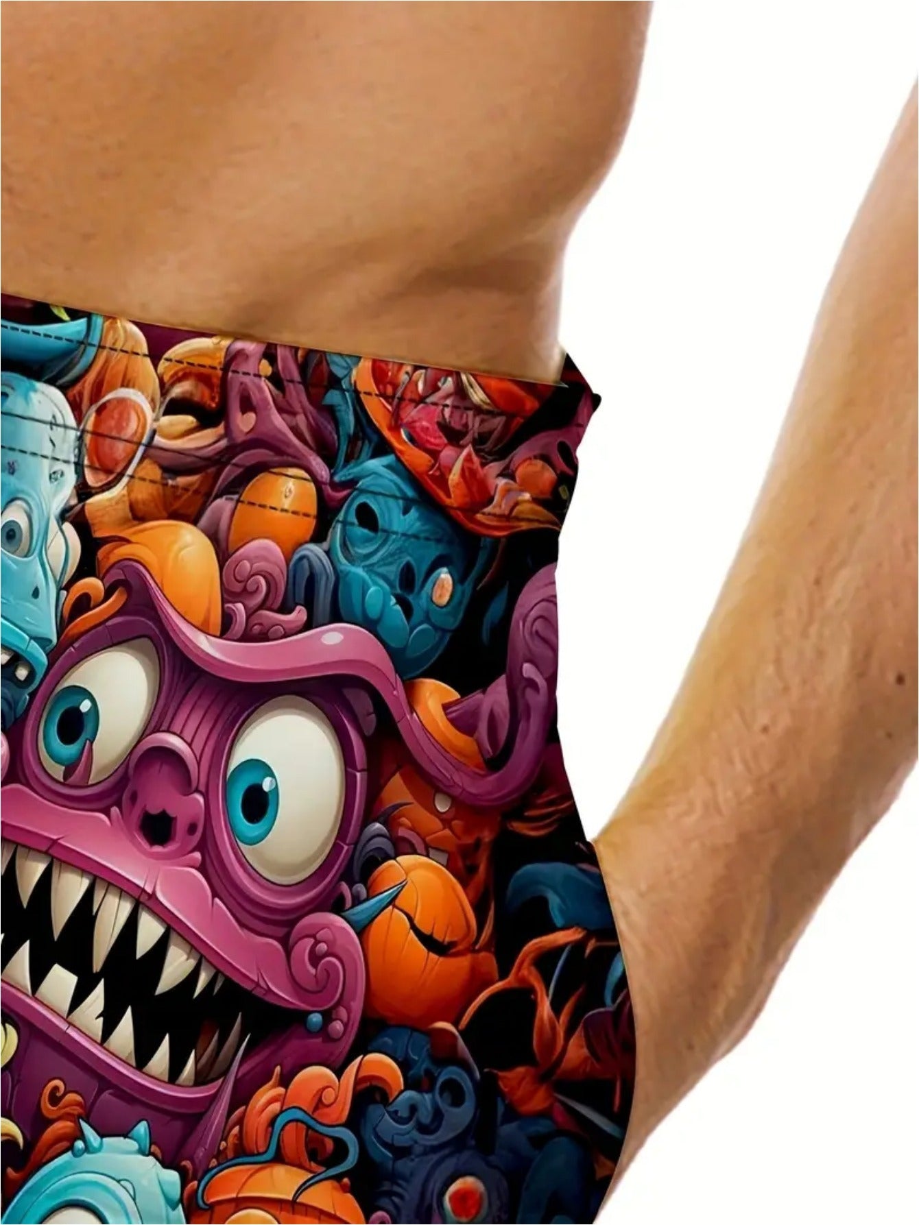 Men's Plus Size Summer Drawstring Shorts with Monster Print