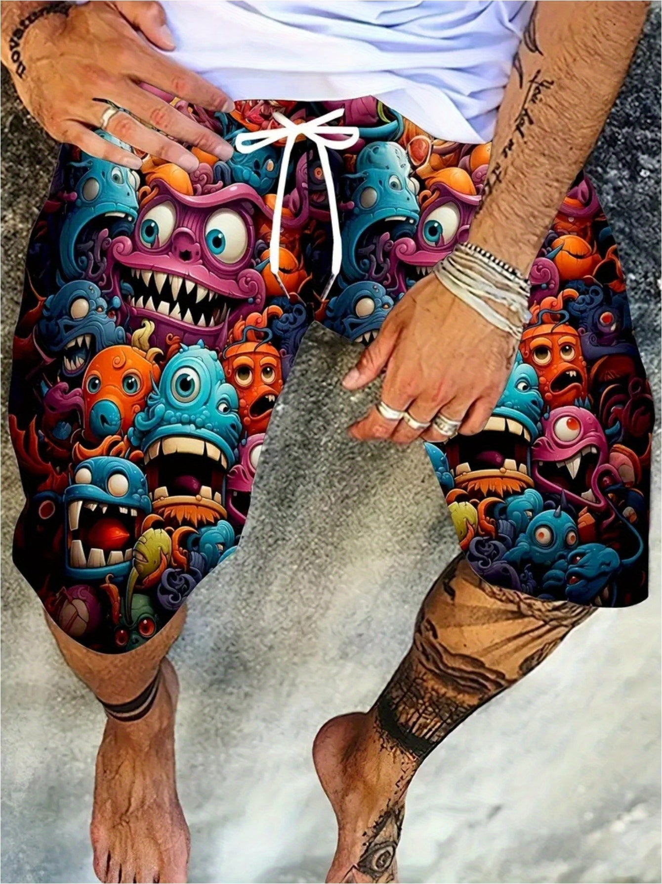 Men's Plus Size Summer Drawstring Shorts with Monster Print