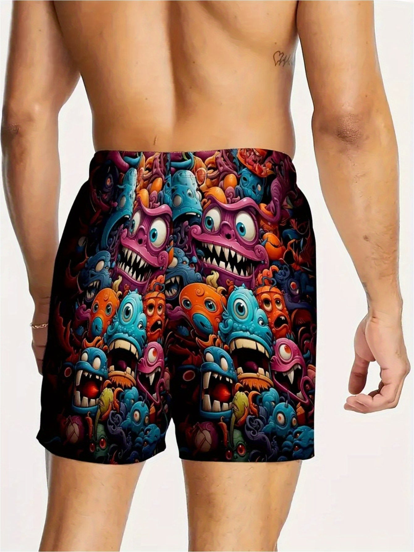 Men's Plus Size Summer Drawstring Shorts with Monster Print