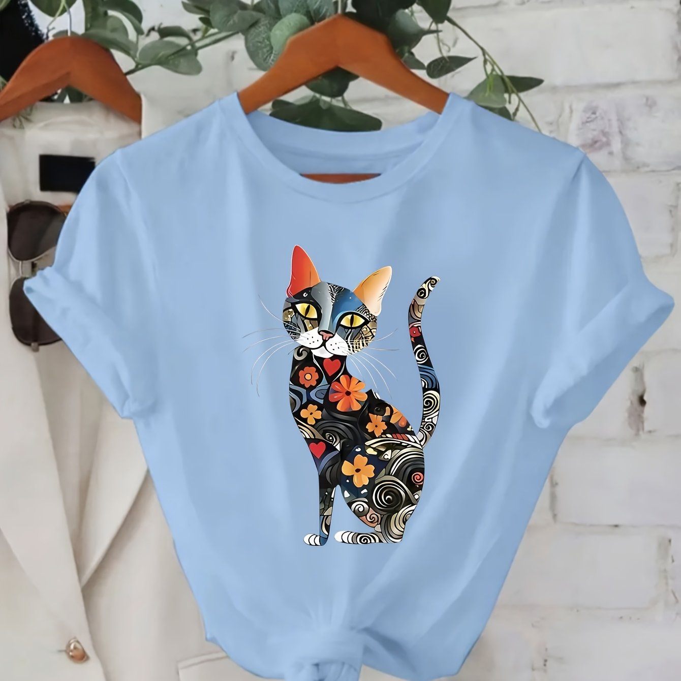 Watercolor Cat Printed Casual T-Shirt for Women