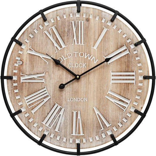 Silent Metal Frame Wall Clock with Engraved Wooden Numbers