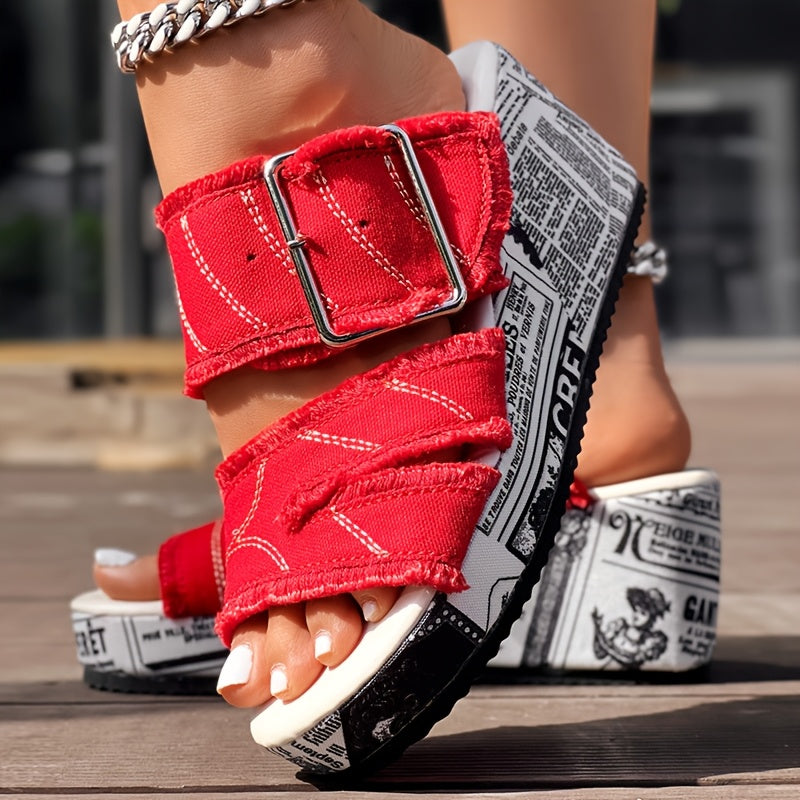 Newspaper Buckle Denim Wedge Slippers for Stylish Comfort