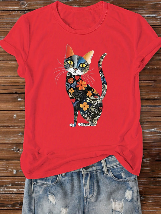 Watercolor Cat Printed Casual T-Shirt for Women