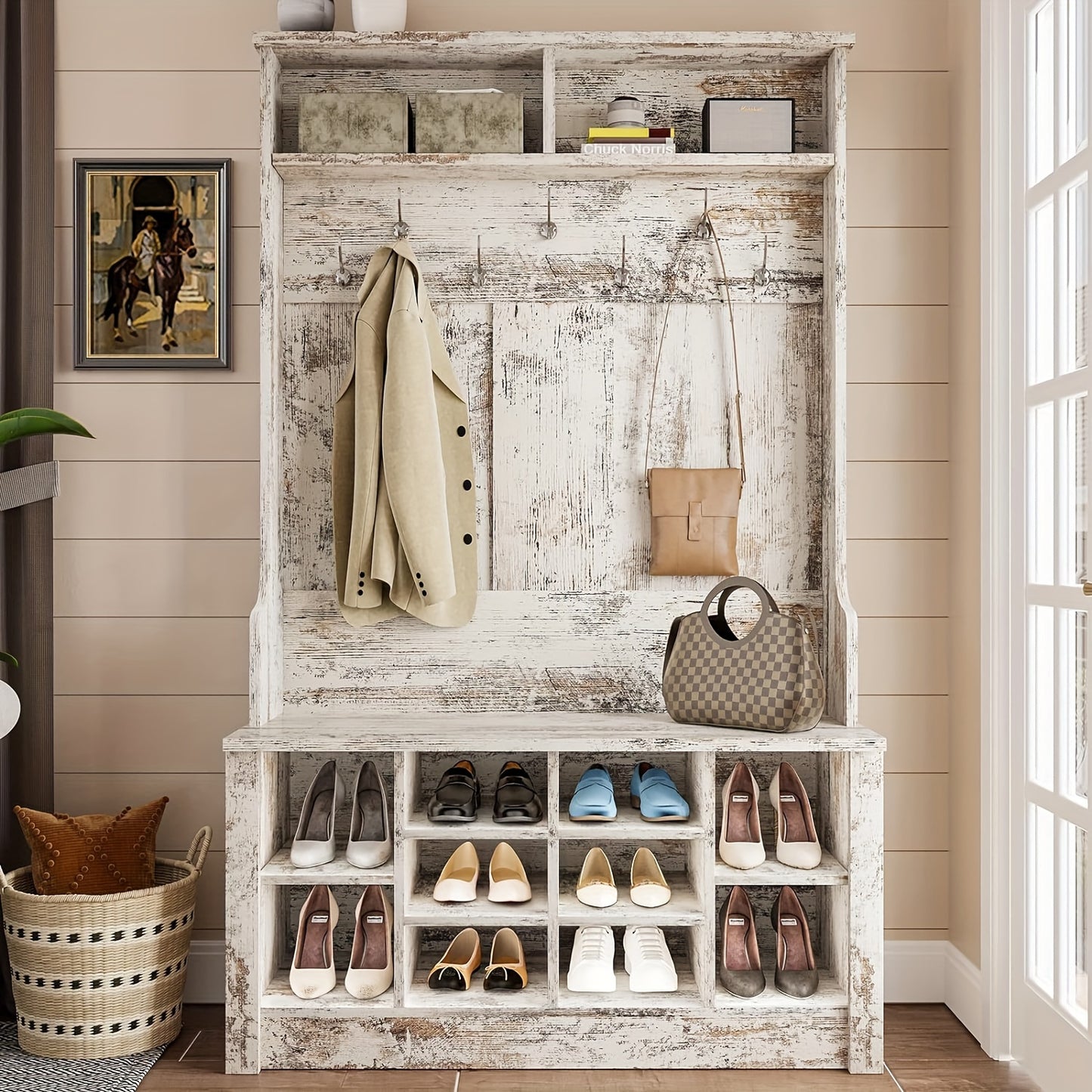 Adjustable Hall Tree with Shoe Storage and Hanging Hooks