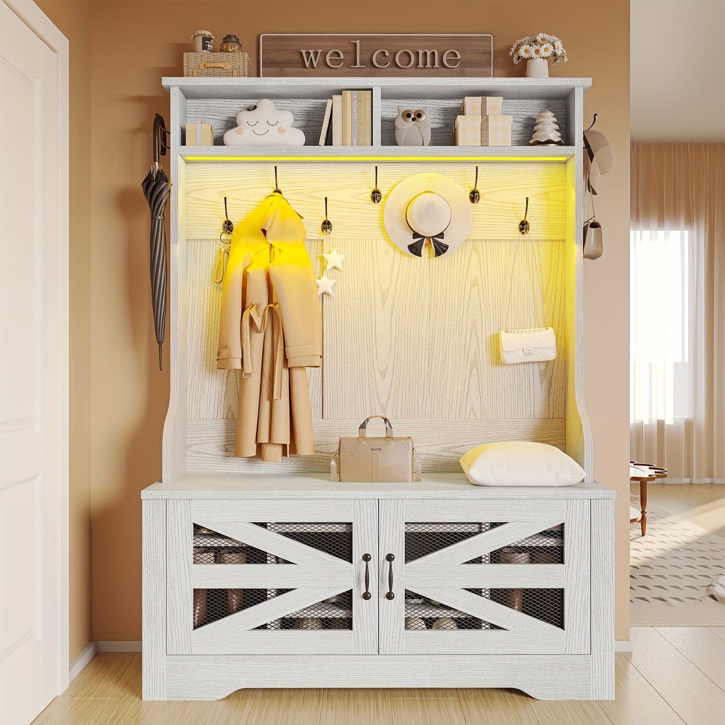 5-in-1 Hall Tree Bench with Shoe Storage and Coat Hooks