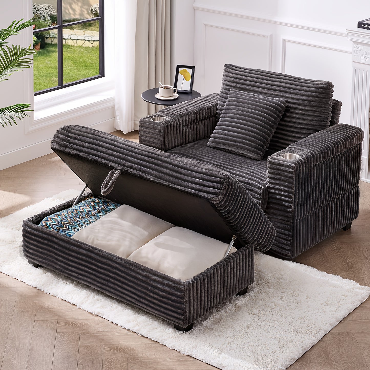 Modern Corduroy Reading Chair With Storage Ottoman And USB