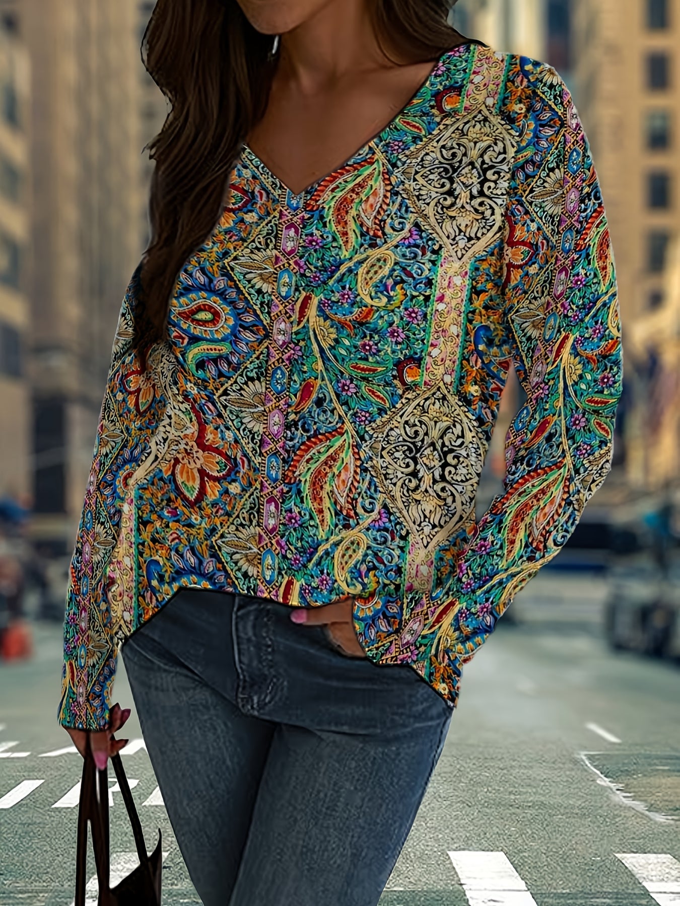 Women's Floral Print V-Neck Long Sleeve Blouse for Everyday Wear