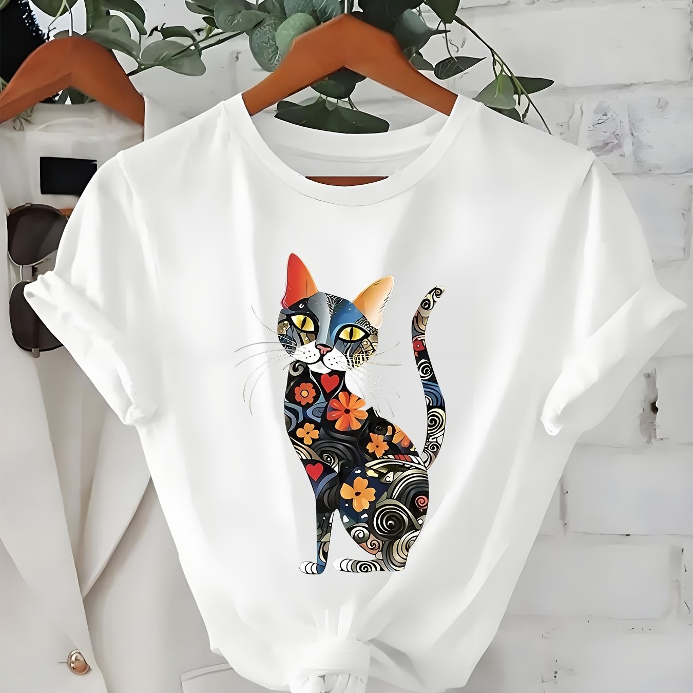 Watercolor Cat Printed Casual T-Shirt for Women