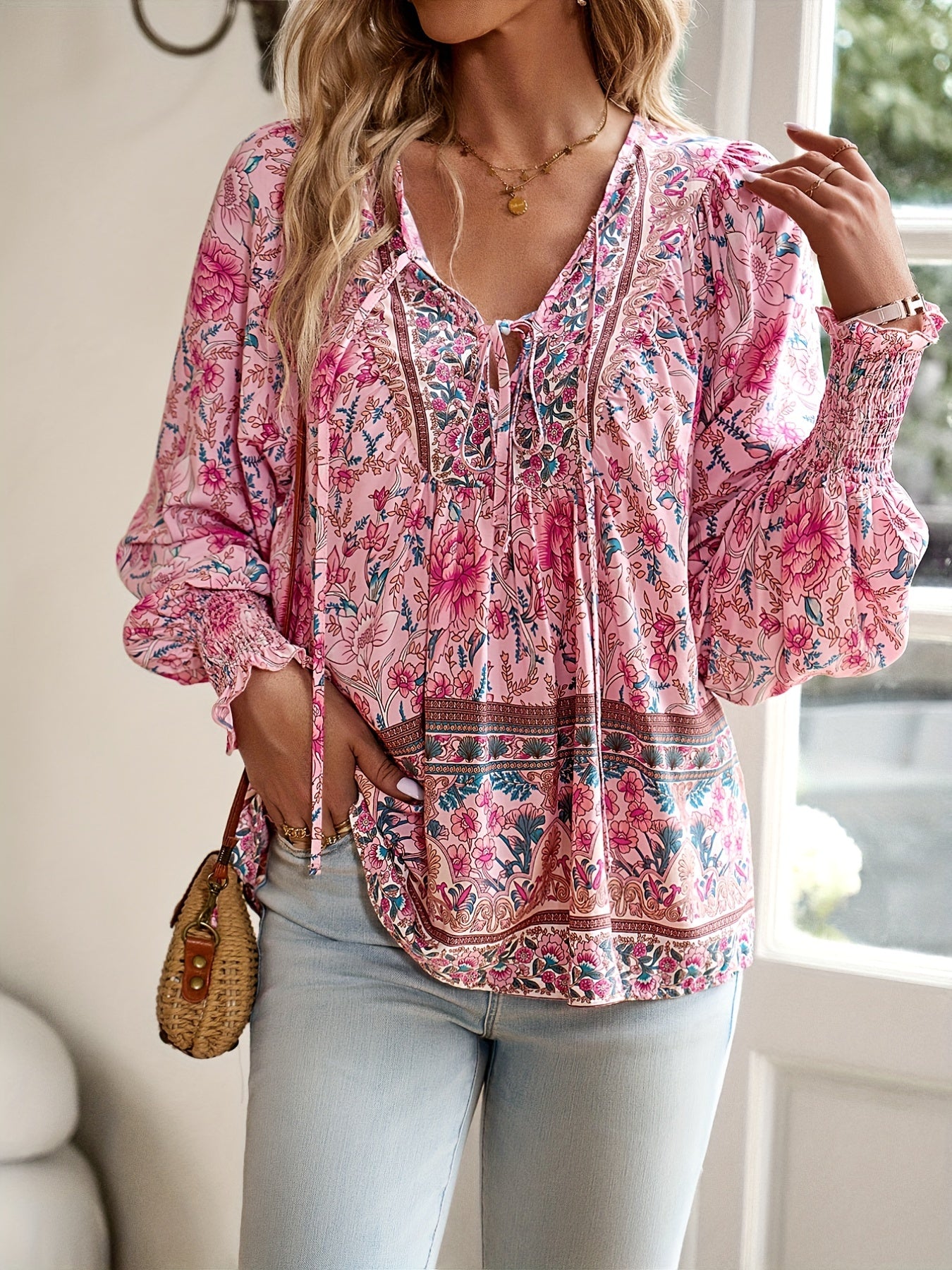 Floral Print V Neck Blouse With Drawstring Long Sleeves