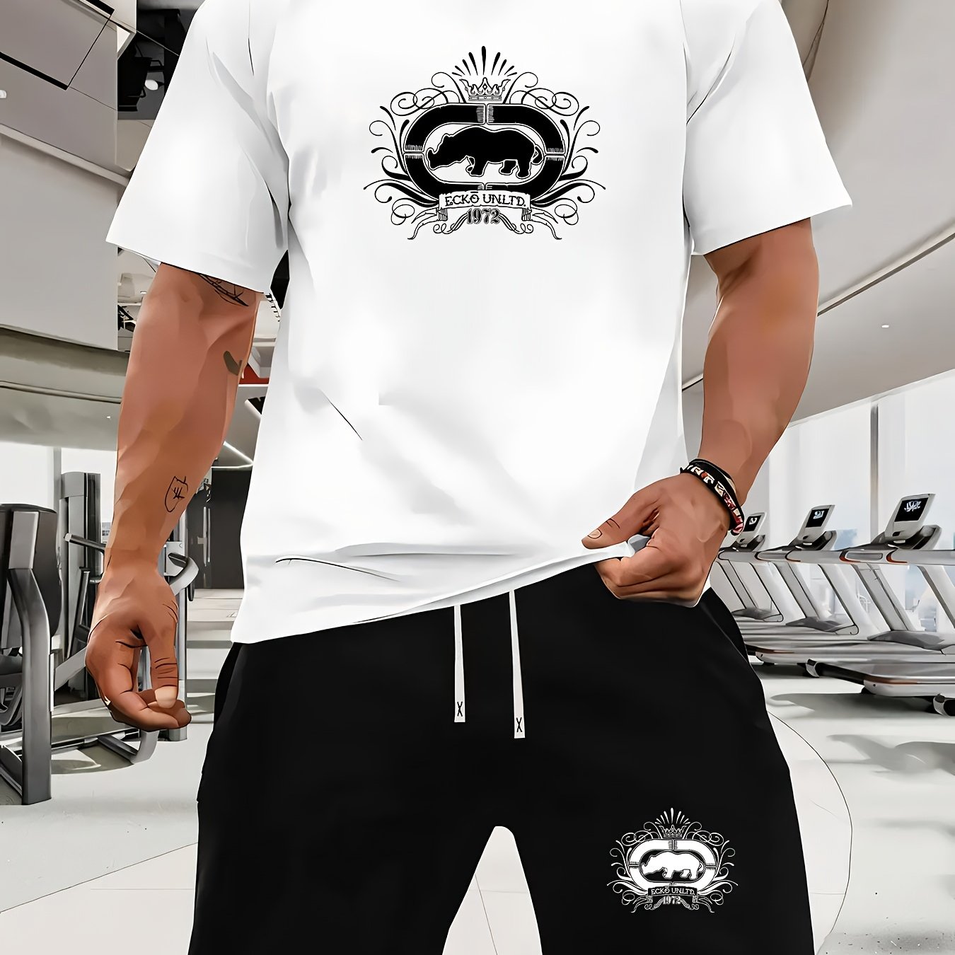 Men's Casual Rhino Badge Print T-Shirt and Shorts Set