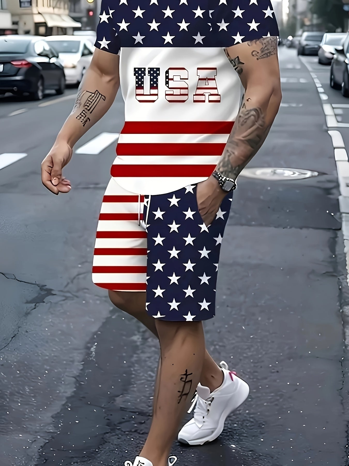 Men's Summer Fashion Set with American Flag Print