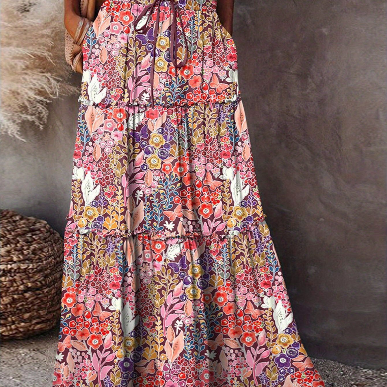 Women's Bohemian Maxi Skirt with Pockets and Vibrant Pattern