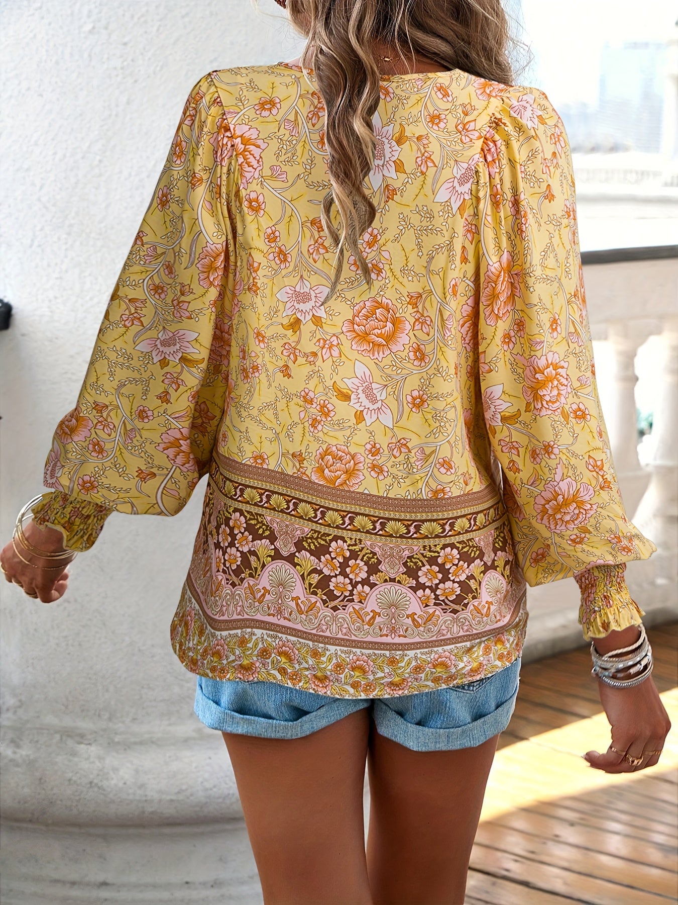 Floral Print V Neck Blouse With Drawstring Long Sleeves