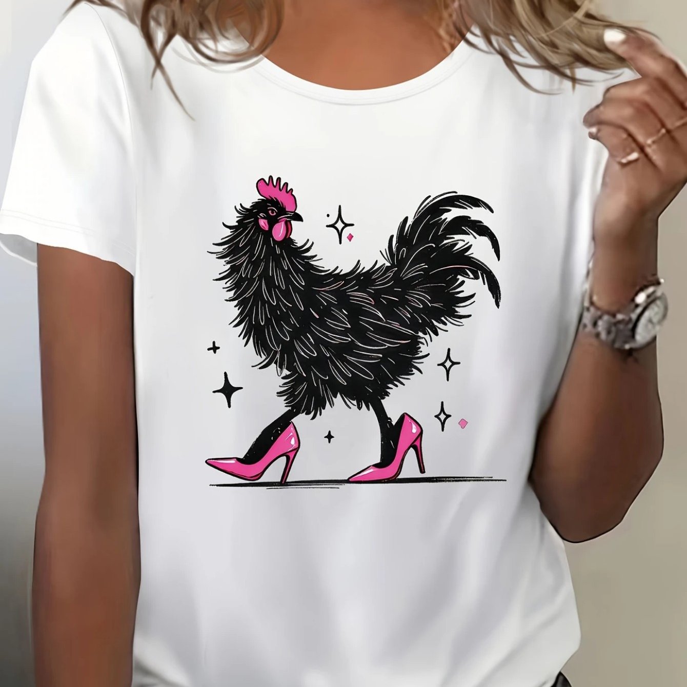 Women's Cartoon Rooster Print Cotton T-Shirt for Casual Wear
