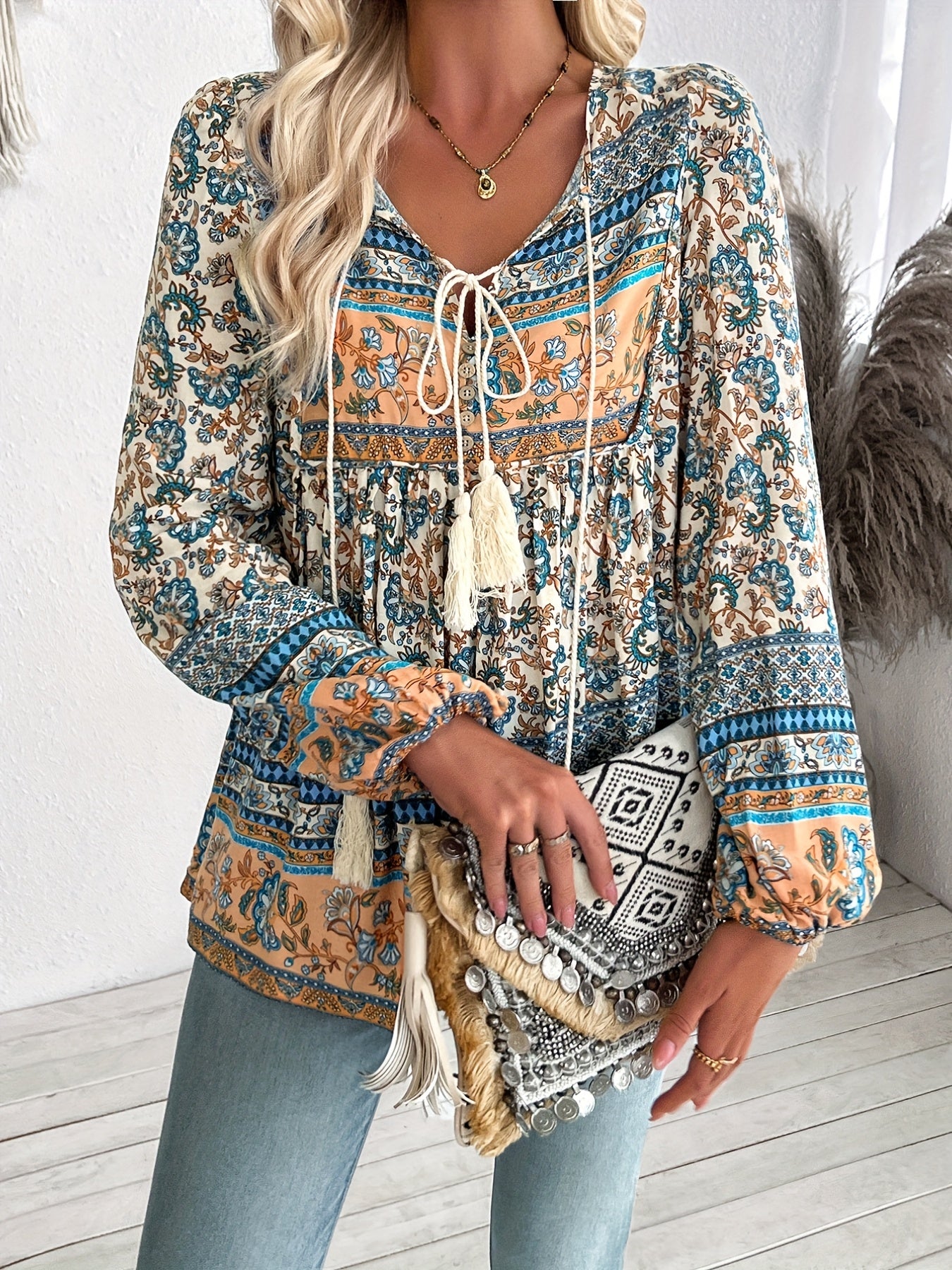Bohemian Print Lace-Up Tassel Shirt for Women