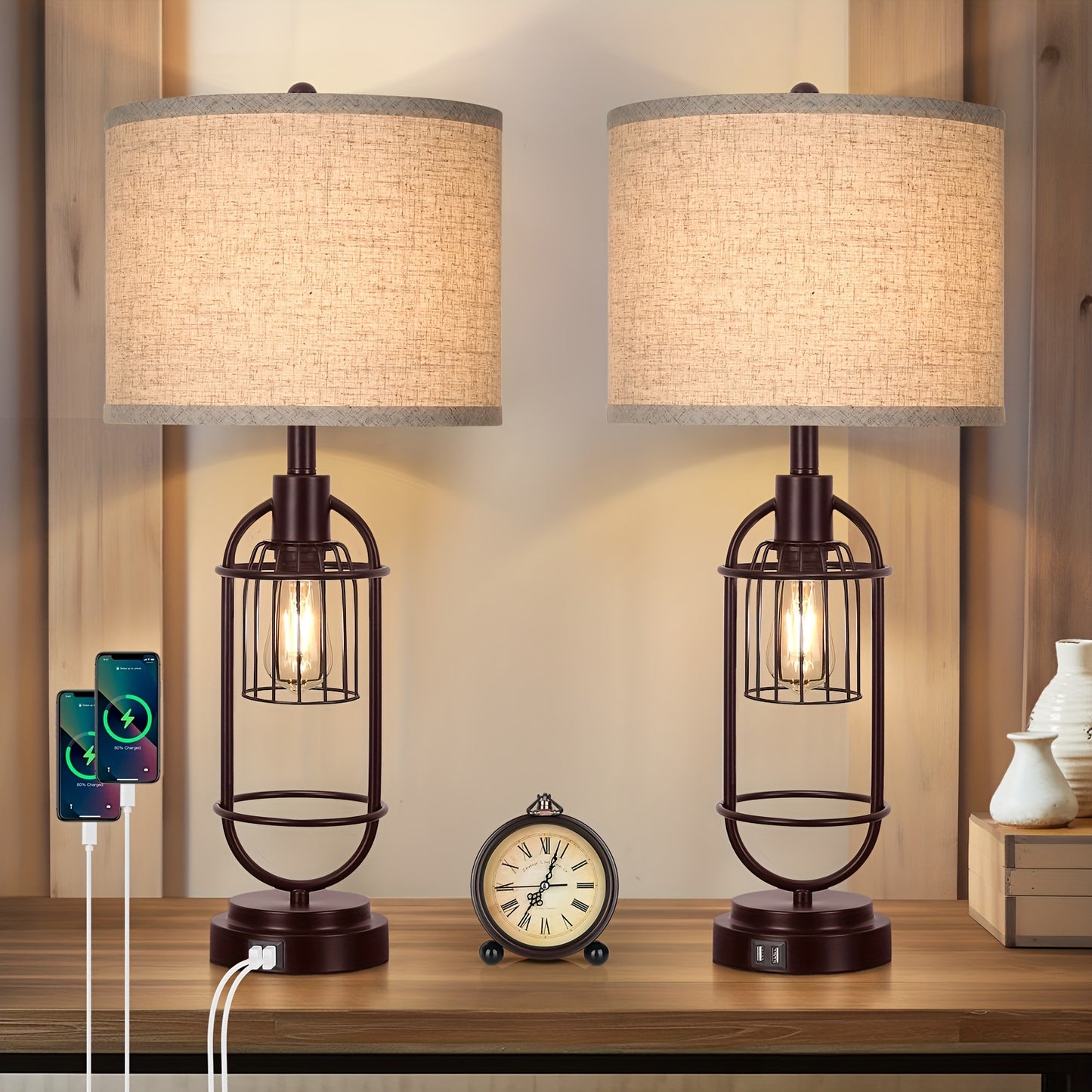 Two USB Table Lamps Farmhouse Bedside Lights For Living