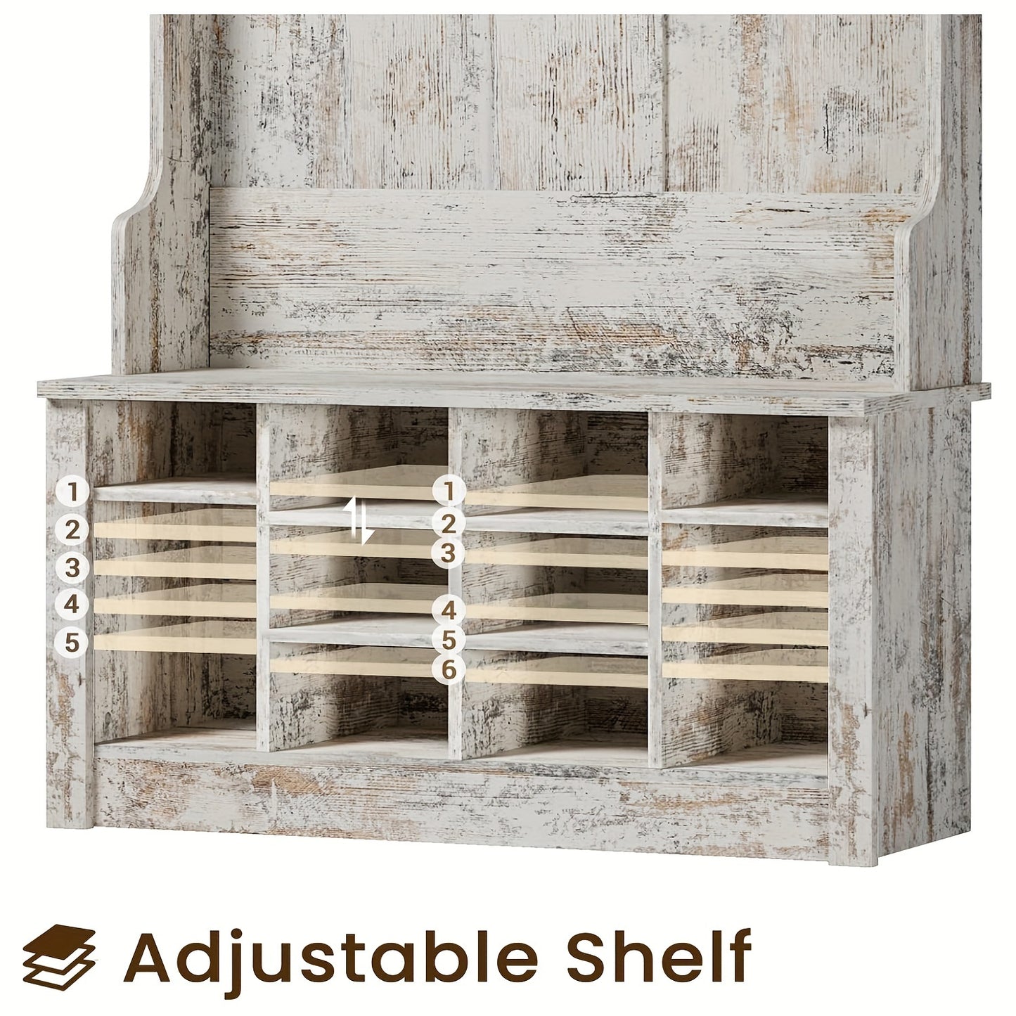 Adjustable Hall Tree with Shoe Storage and Hanging Hooks