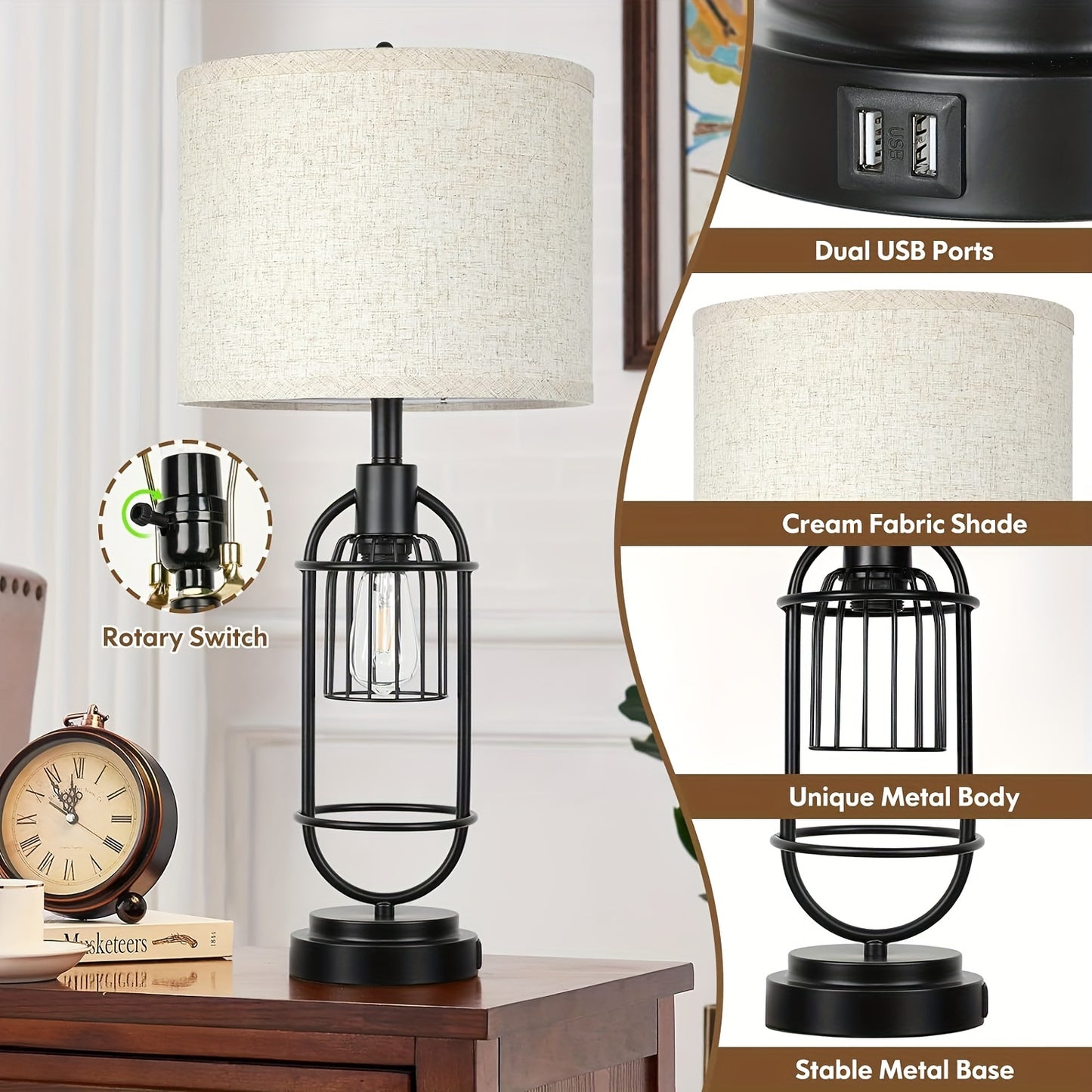 Two USB Table Lamps Farmhouse Bedside Lights For Living