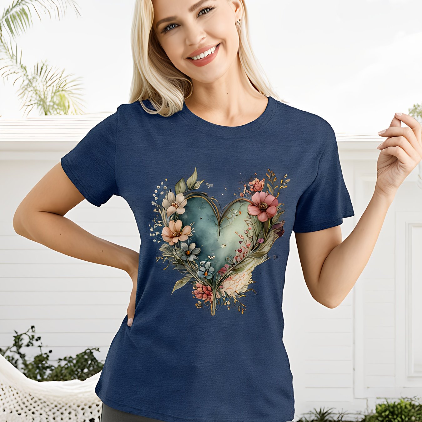 Floral Print Crew Neck T-Shirt for Women Casual Style