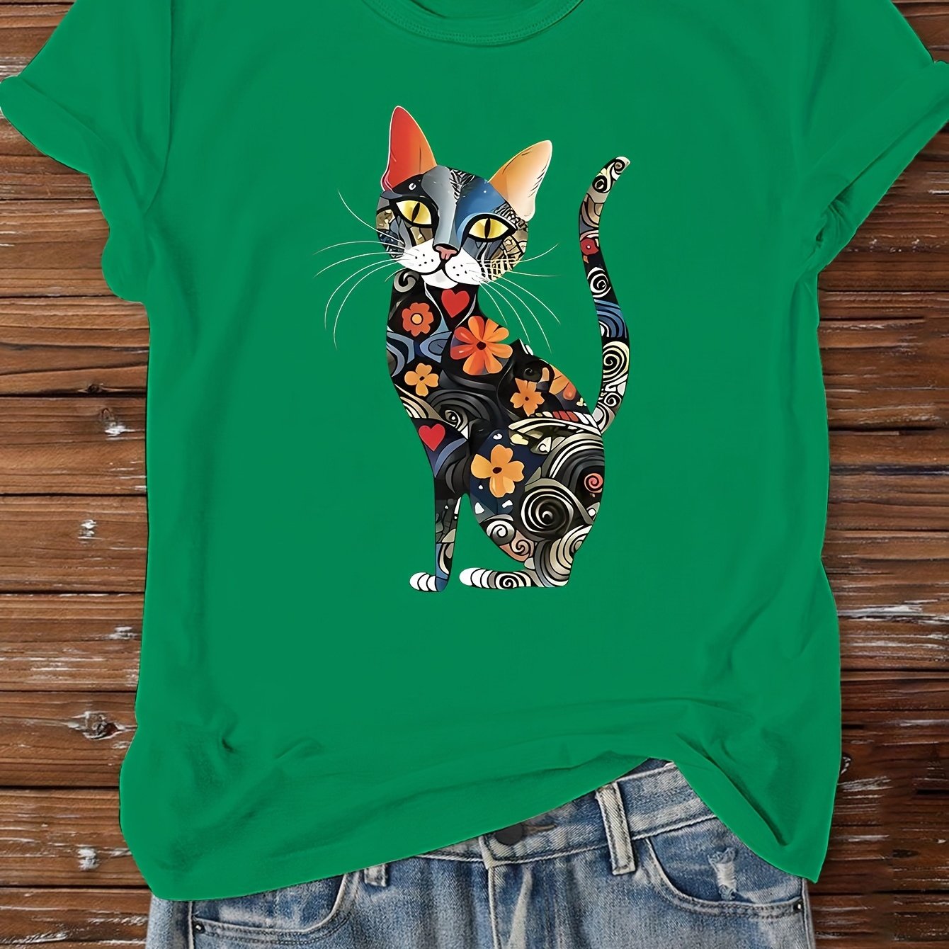 Watercolor Cat Printed Casual T-Shirt for Women