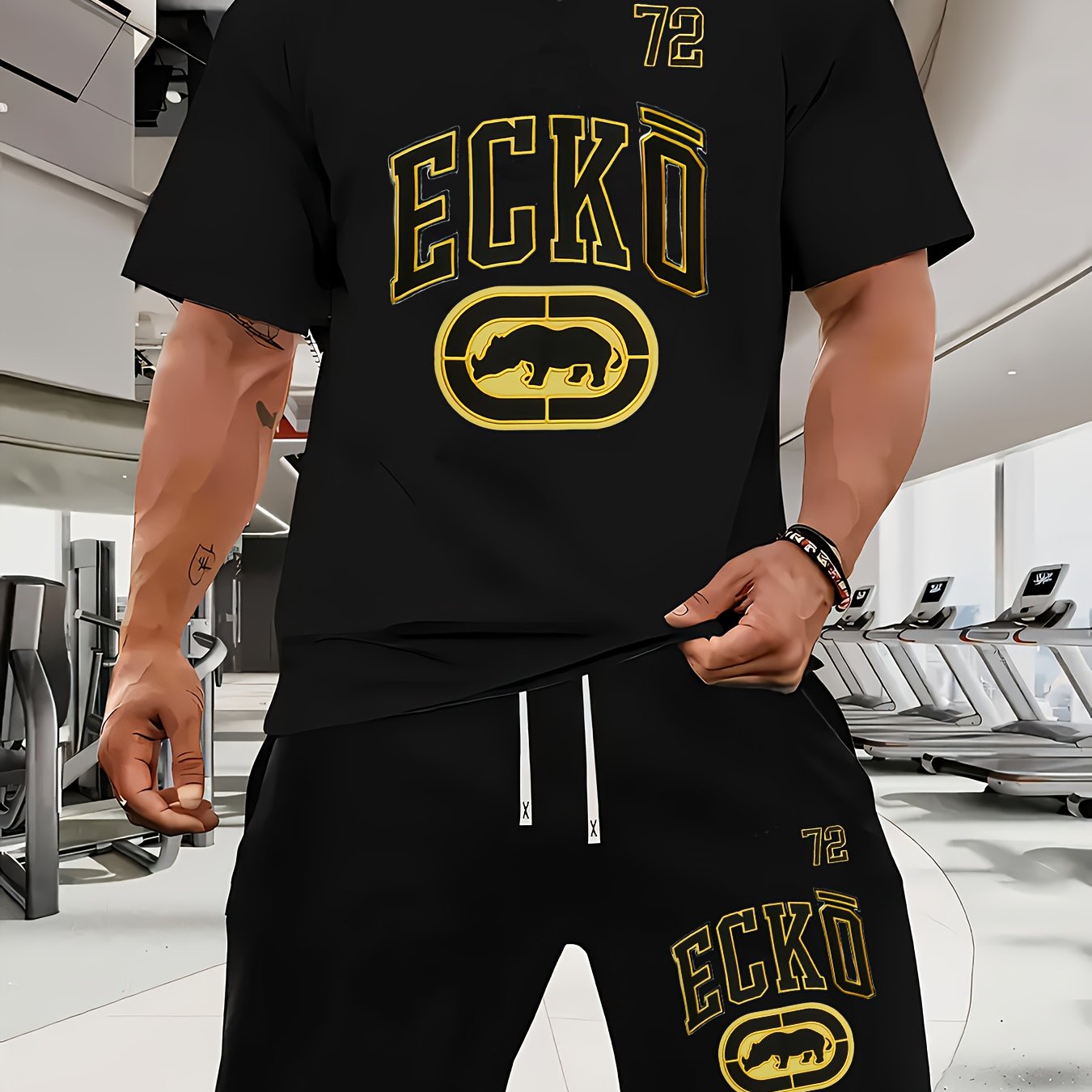 Men's Casual Rhino Badge Print T-Shirt and Shorts Set