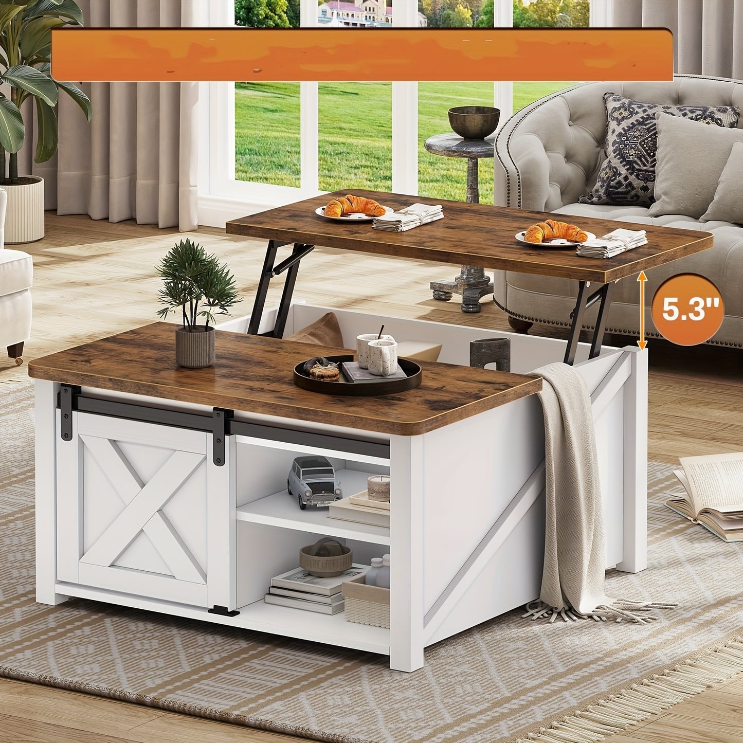 Farmhouse Lift Top Coffee Table with Hidden Storage Compartment