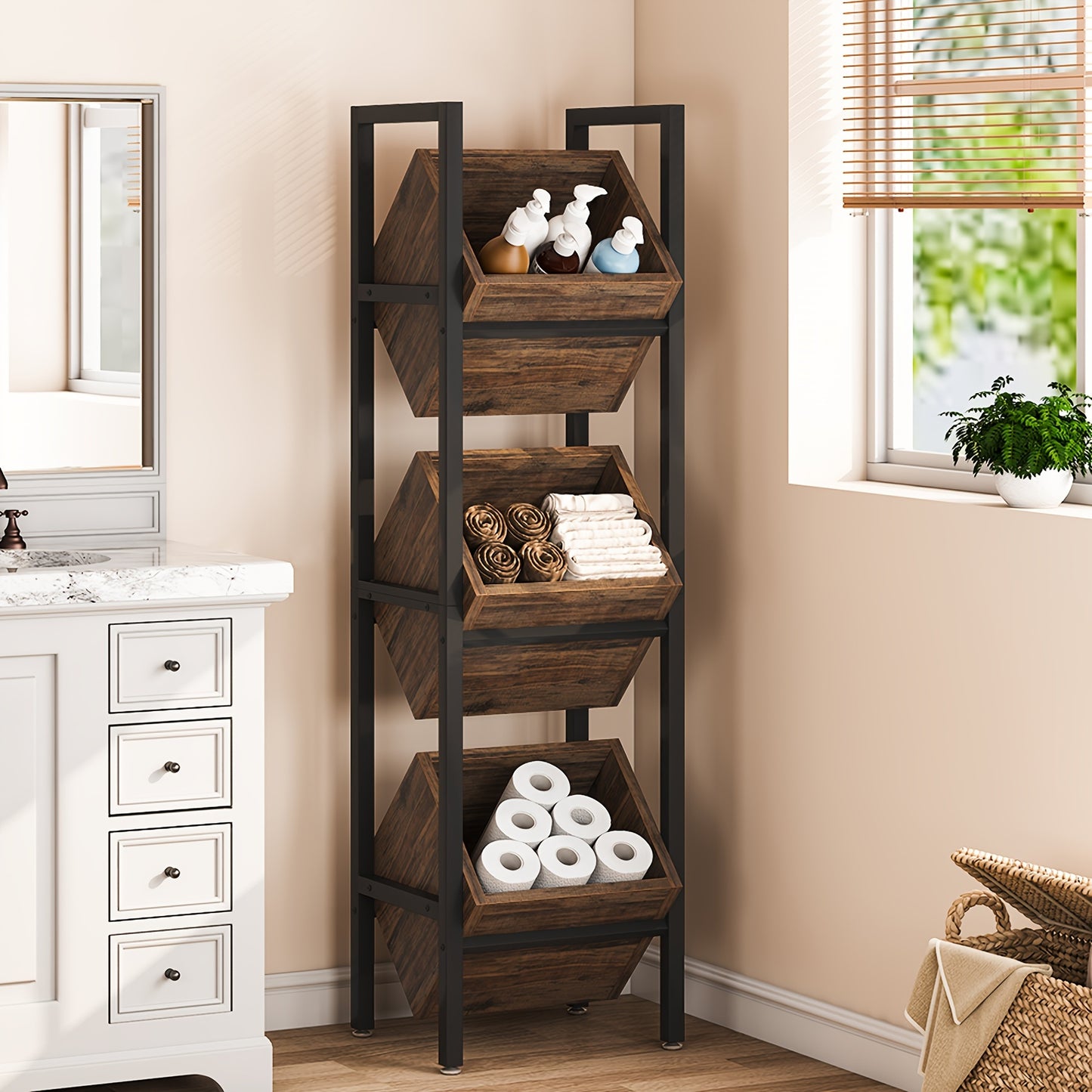 Rustic Wood Basket Stand with Black Metal Frame for Storage