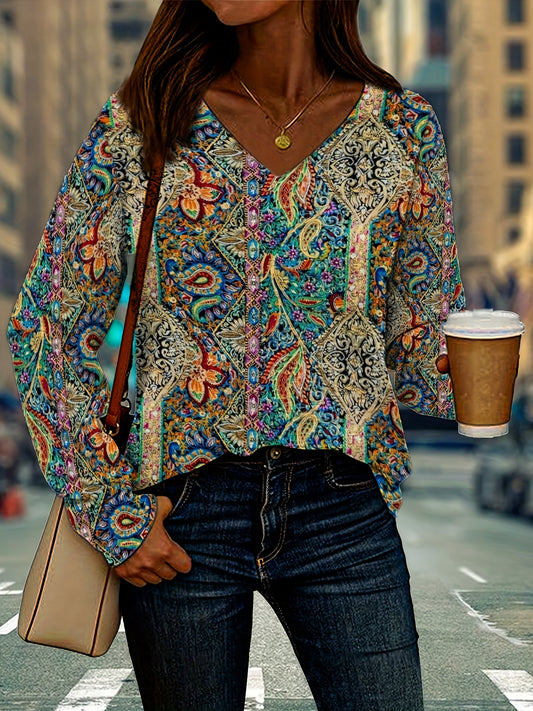 Women's Floral Print V-Neck Long Sleeve Blouse for Everyday Wear