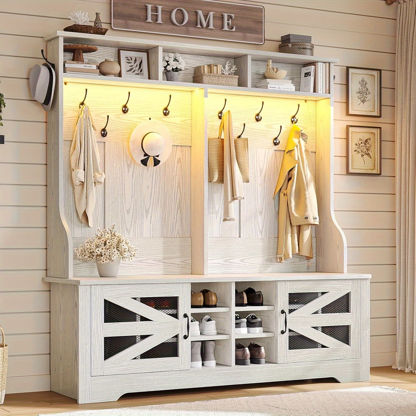 5-in-1 Hall Tree Bench with Shoe Storage and Coat Rack