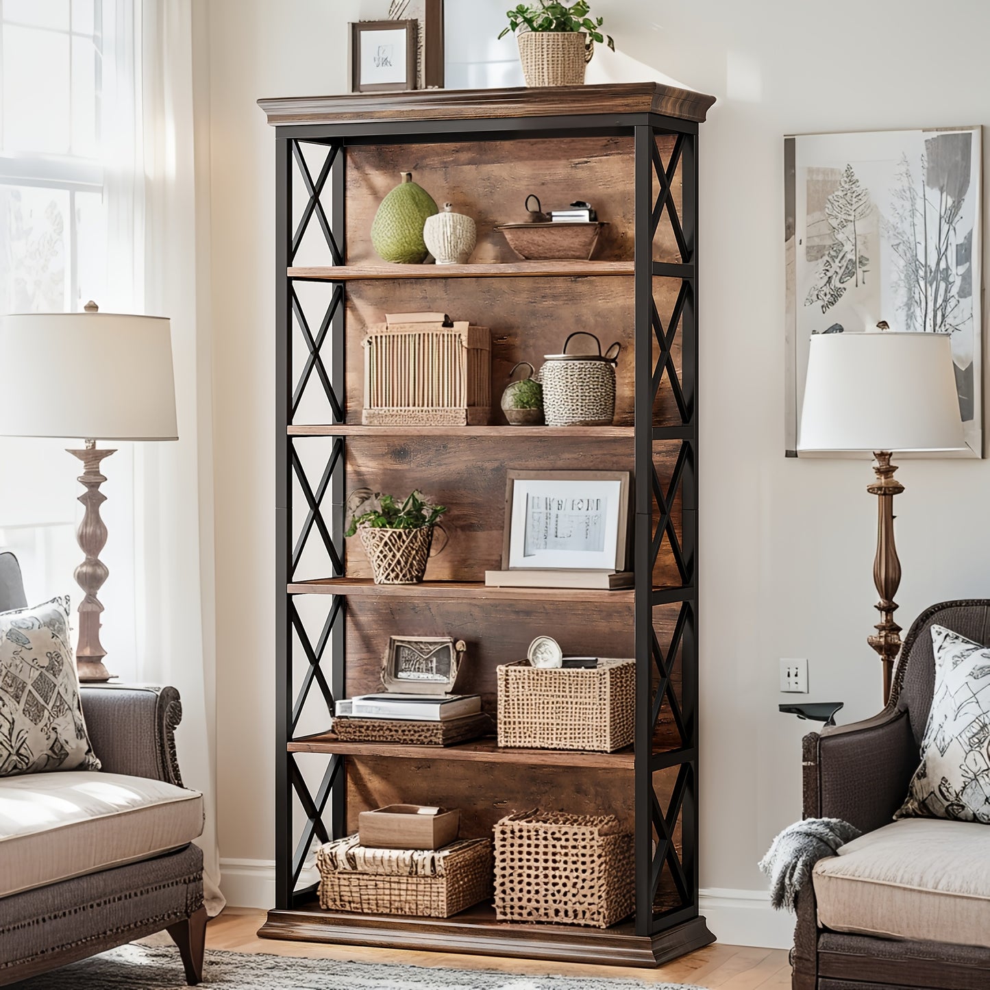 Industrial Bookshelves With Six Shelves For Home And Office