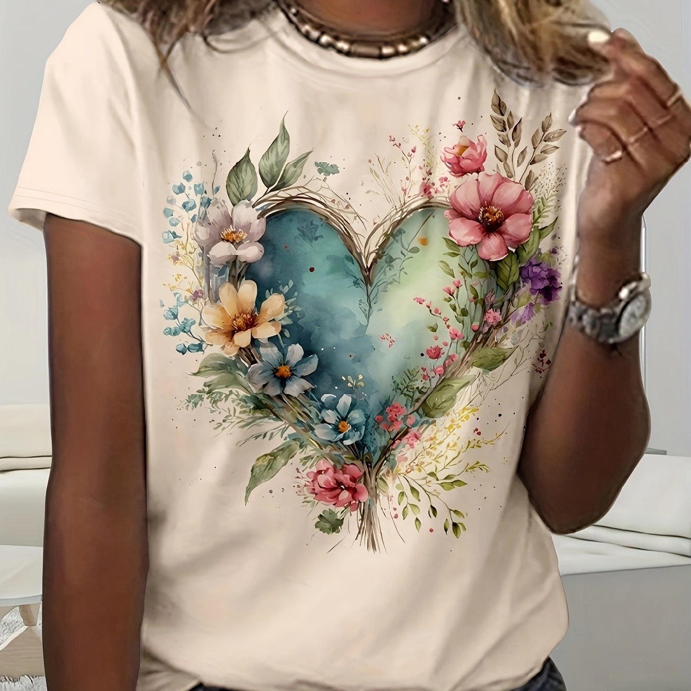Floral Print Crew Neck T-Shirt for Women Casual Style
