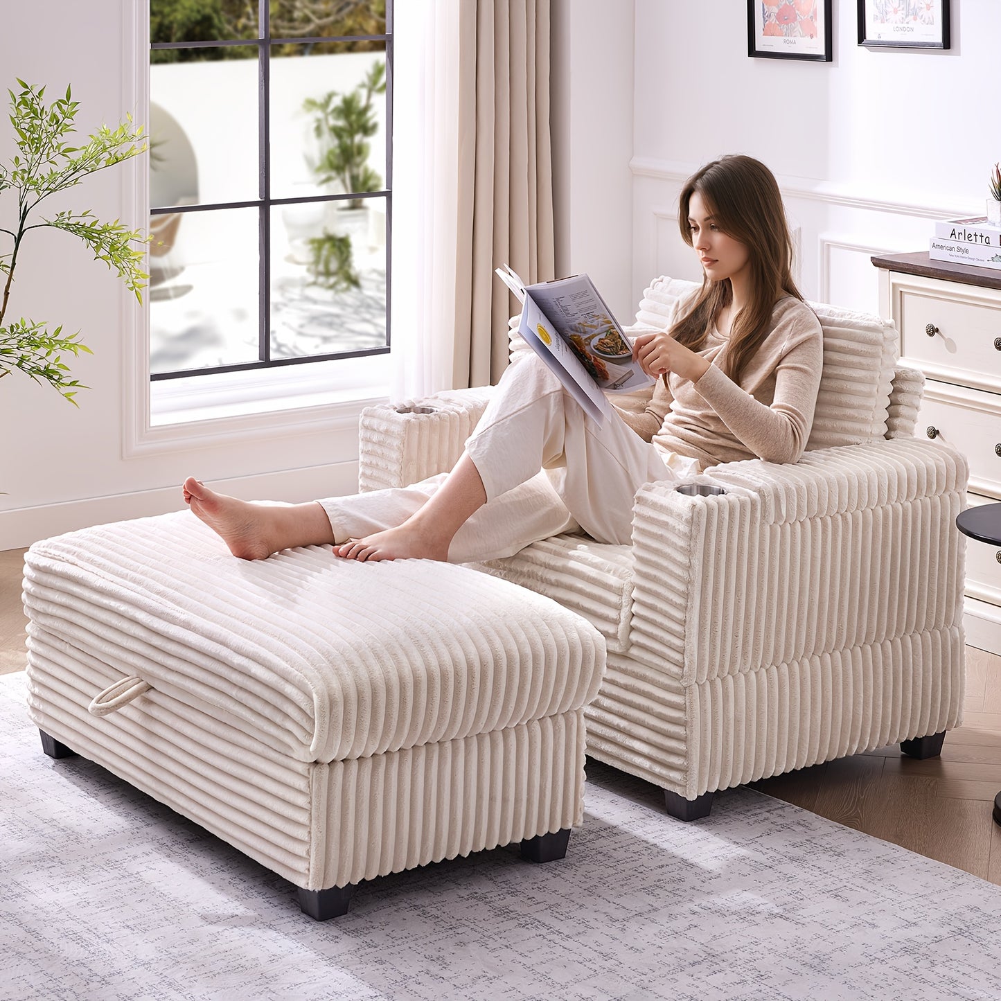 Modern Corduroy Reading Chair With Storage Ottoman And USB