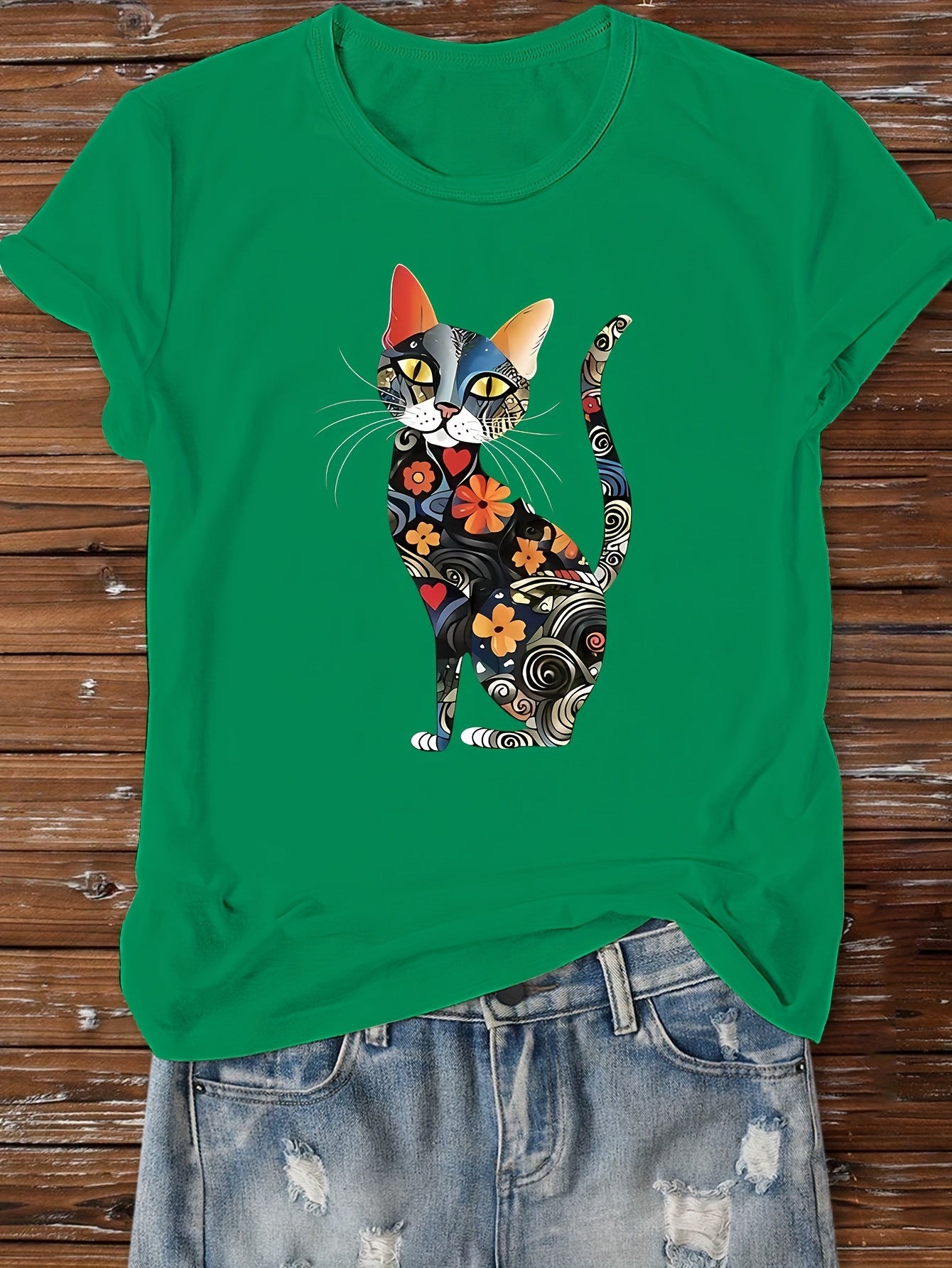 Watercolor Cat Printed Casual T-Shirt for Women