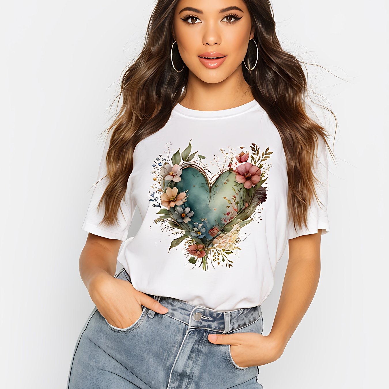 Floral Print Crew Neck T-Shirt for Women Casual Style