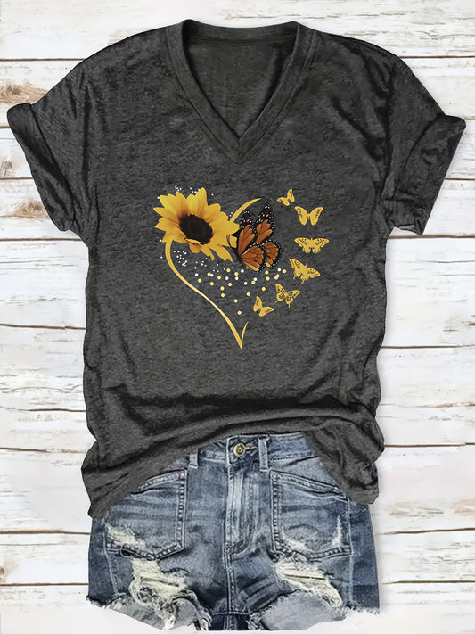 Women's V-Neck Sunflower Butterfly Print Casual T-Shirt