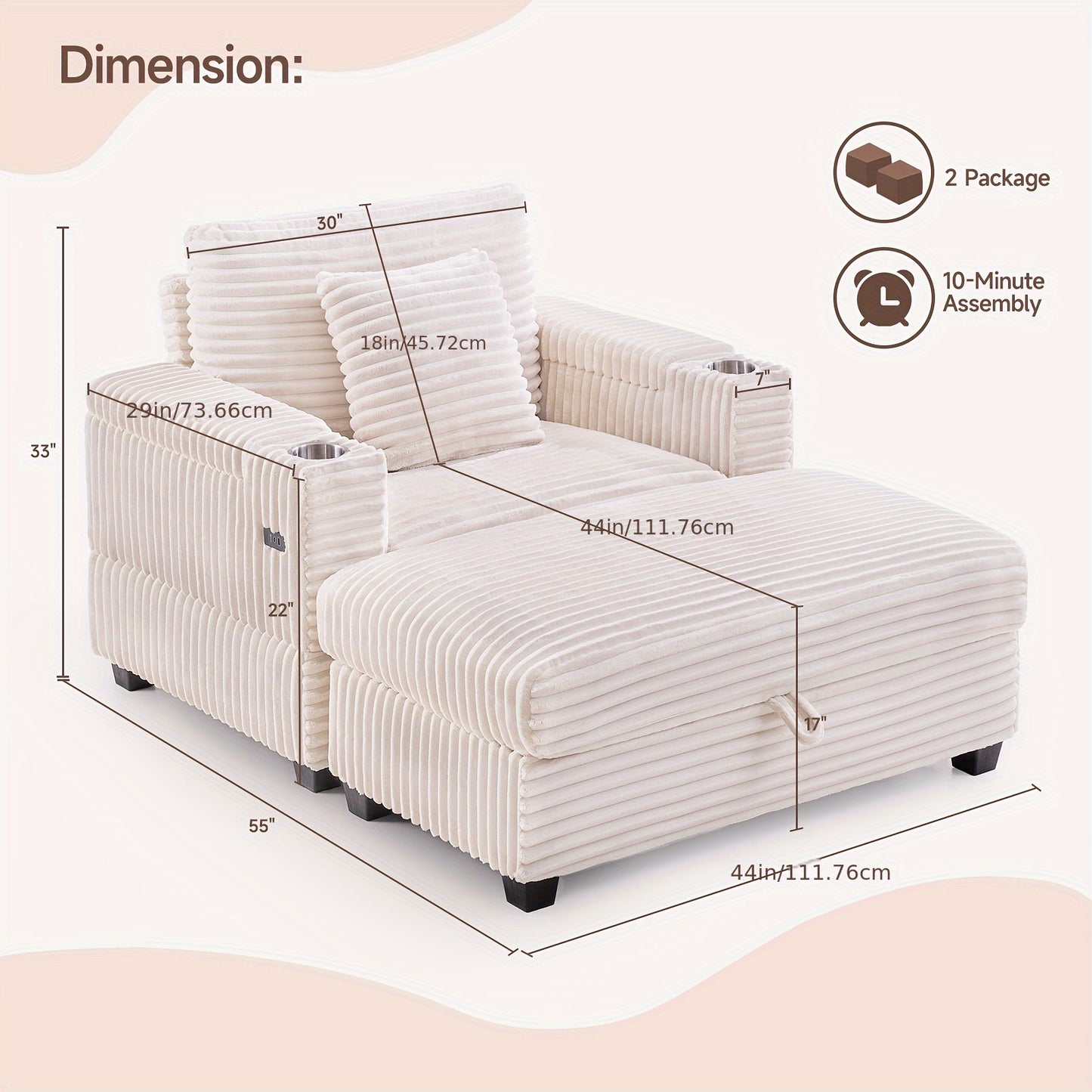 Modern Corduroy Reading Chair With Storage Ottoman And USB