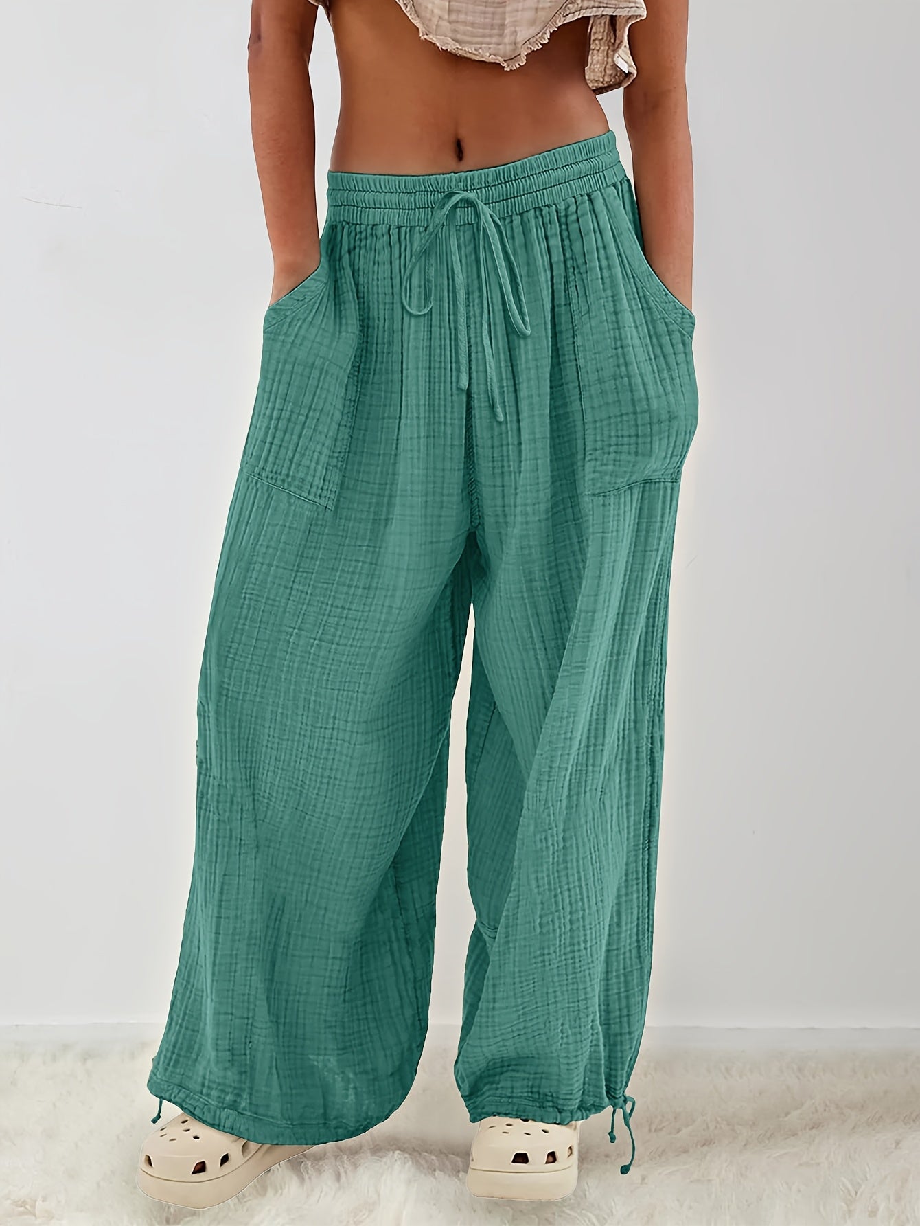 Chic Women's Loose Trousers with Diagonal Pockets and Lace-up Design