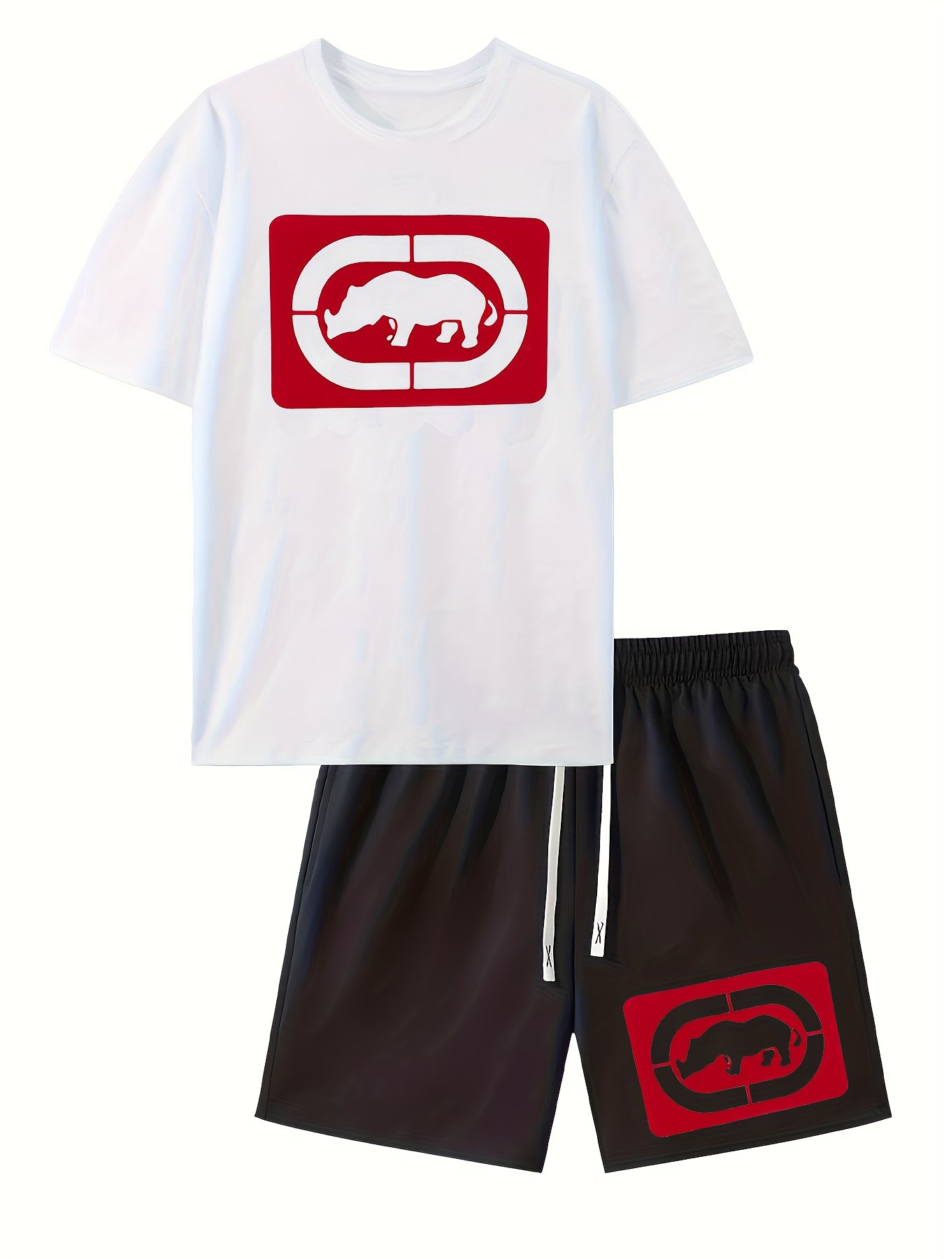 Men's Casual Rhino Badge Print T-Shirt and Shorts Set
