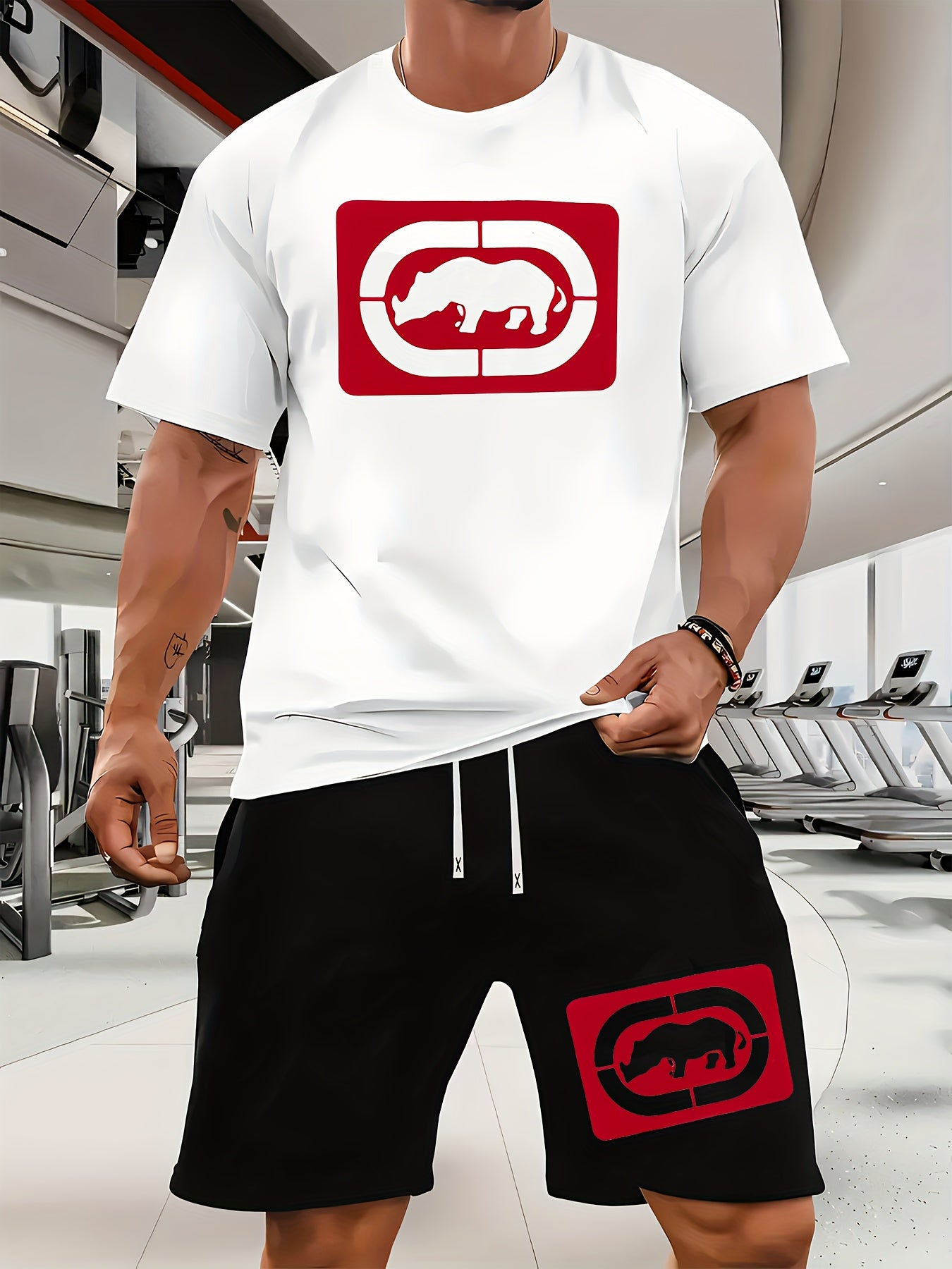 Men's Casual Rhino Badge Print T-Shirt and Shorts Set