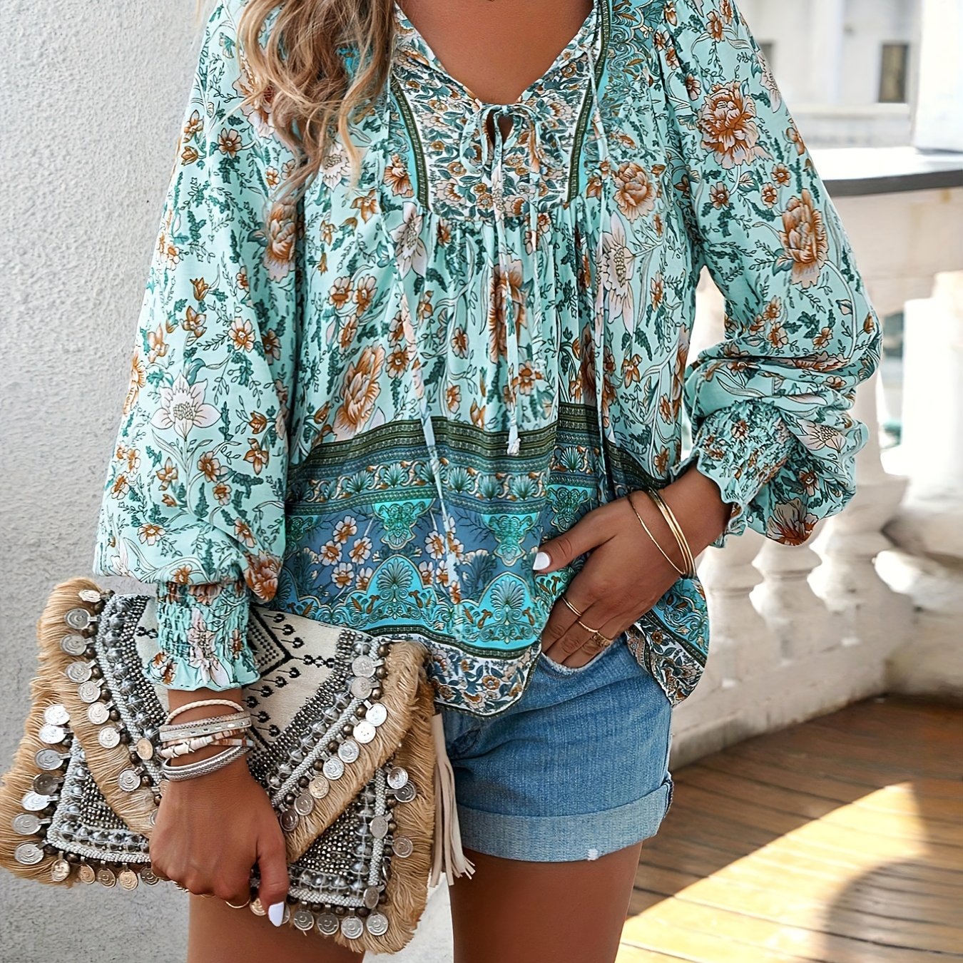 Floral Print V Neck Blouse With Drawstring Long Sleeves