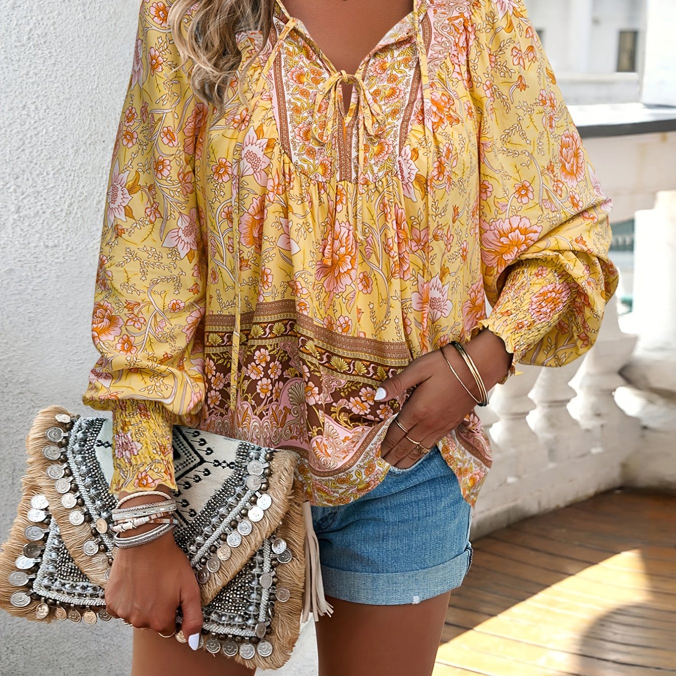 Floral Print V Neck Blouse With Drawstring Long Sleeves