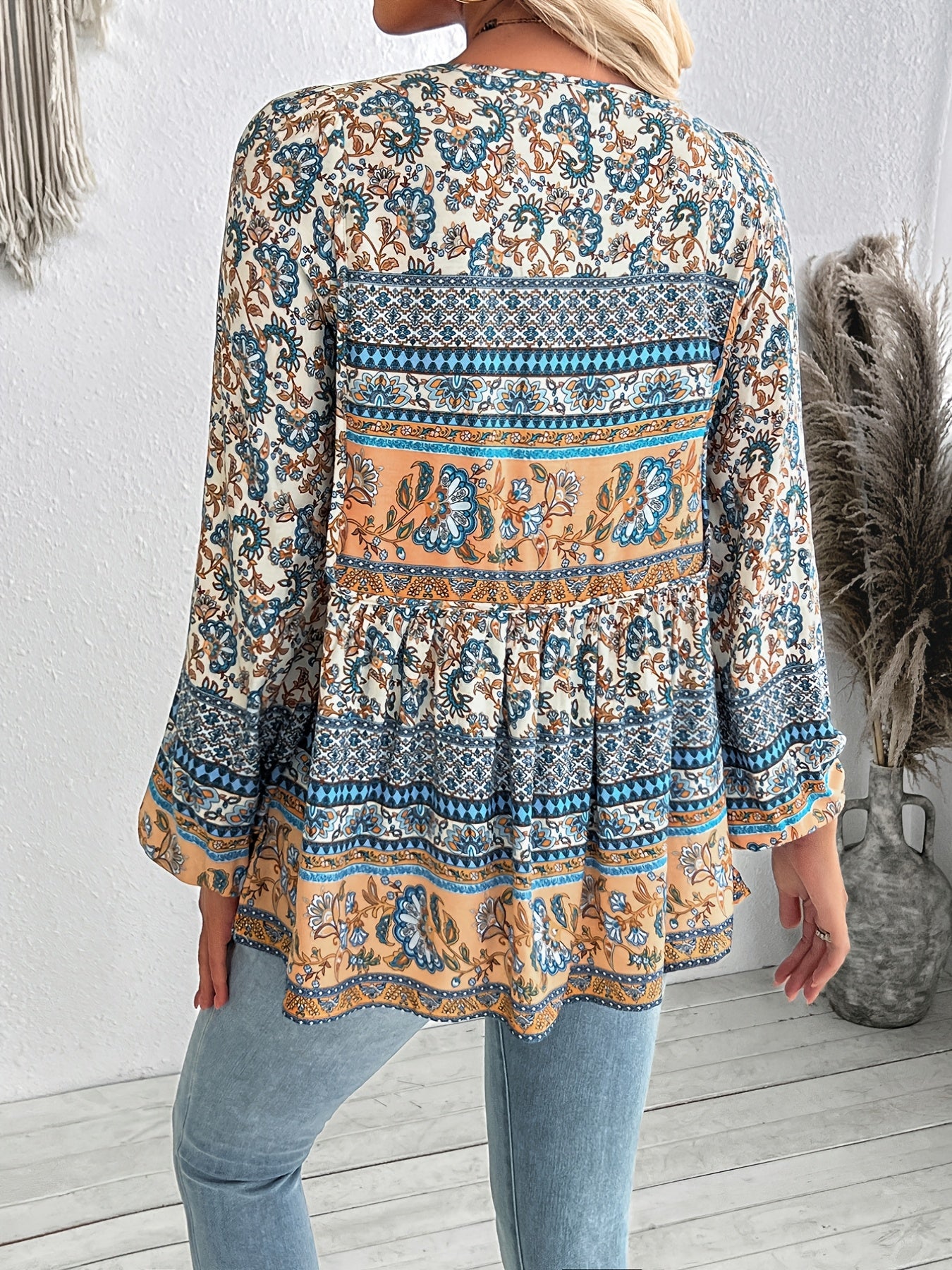 Bohemian Print Lace-Up Tassel Shirt for Women